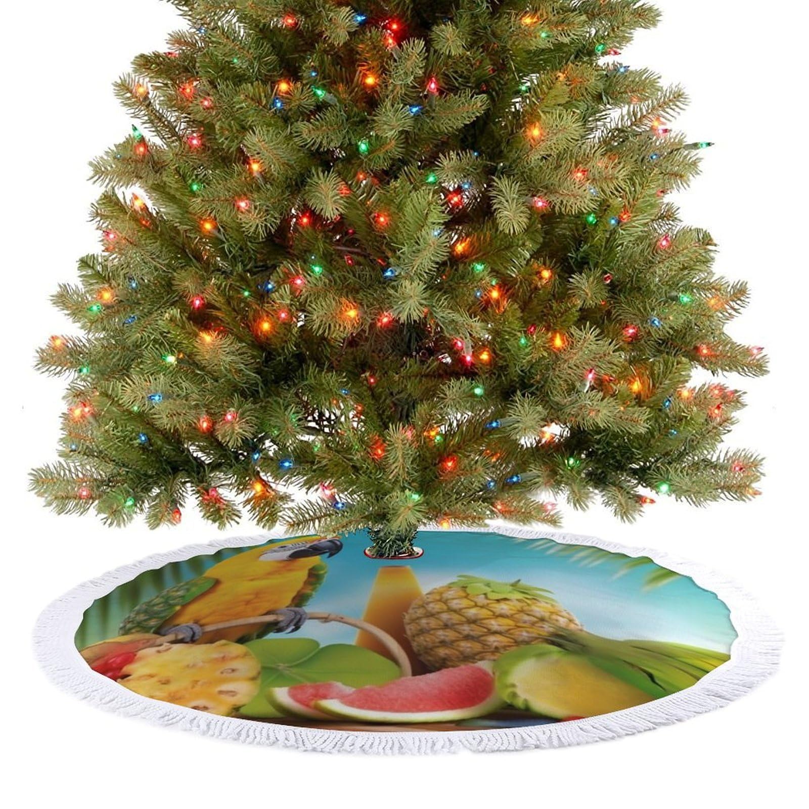 Summer Parrot Pineapple Birds Christmas Tree Skirt 30"x30" Rustic Xmas Tree Mat with Tassel Ornament Christmas Trees Cover Skirt Mat for Evergreen Trees Ornament Winter Holiday Mats Decorations