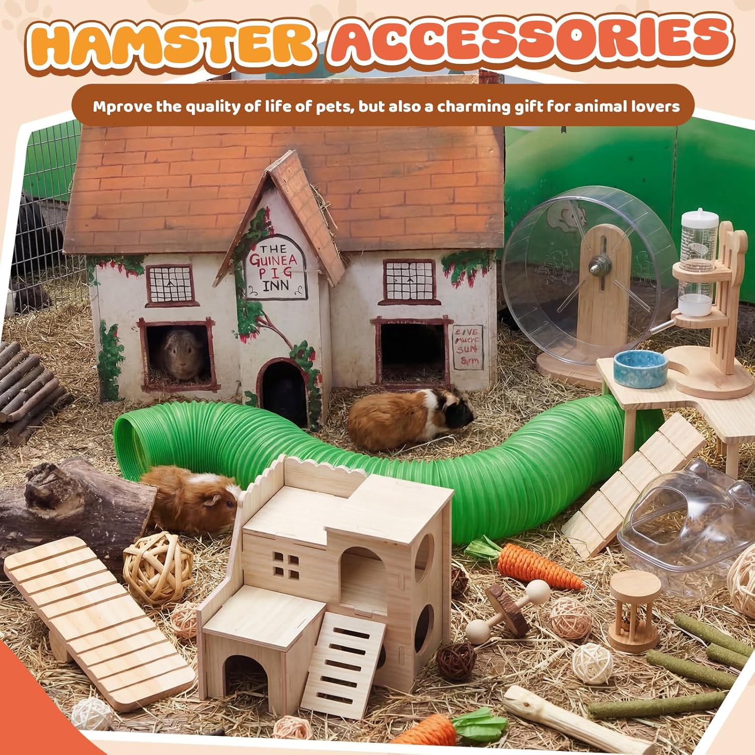 40 Pcs Hamster Cage Accessories, 9.5'' Exercise Wheel, Wood Platform Hideout House, Water Bottle, Sand Bath, Bowl, Chew Toys for Syrian Hamsters Mice Gerbils Habitat Decor(Fun Style)