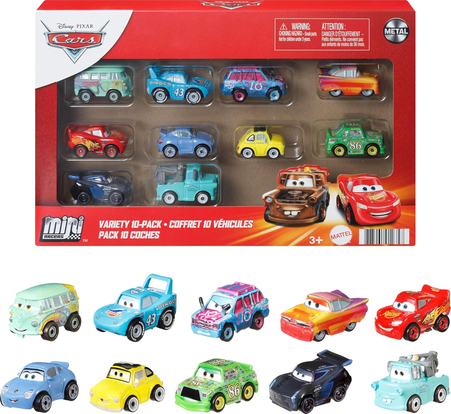 Mattel Disney Pixar Cars Mini Racers 10-Pack: 10 Die-Cast Collectible Toy Vehicles, Fan-Favorites & Exclusive for Kids & Collectors