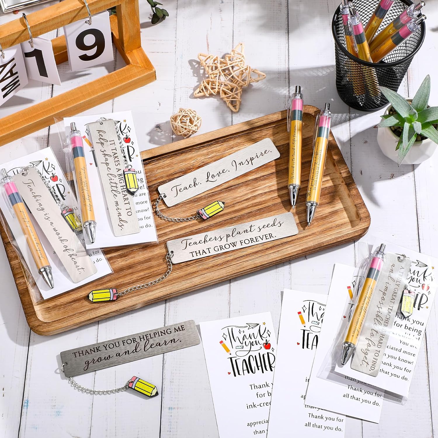 MotiMind 30 Sets Teacher Appreciation Gifts Ballpoint Pens Bookmark with Pencil Pendent Cards Back to School Thank You Teacher Gift, 10 Styles