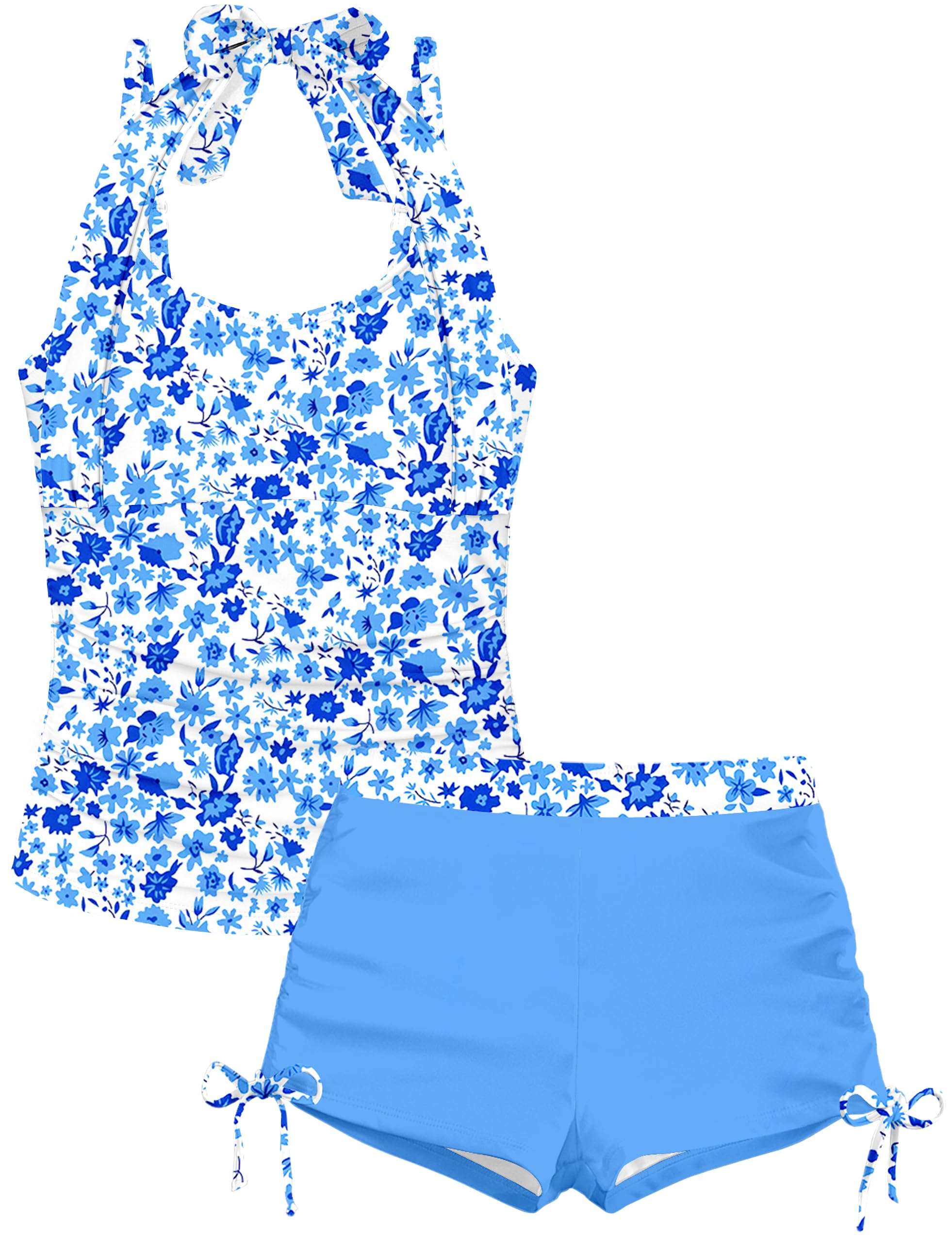 Girls Swimsuit 2 Piece Halterneck Girls Tankini Swimsuit Drawstring Printed Swim Shorts Girl Bathing Suit for 7-18T