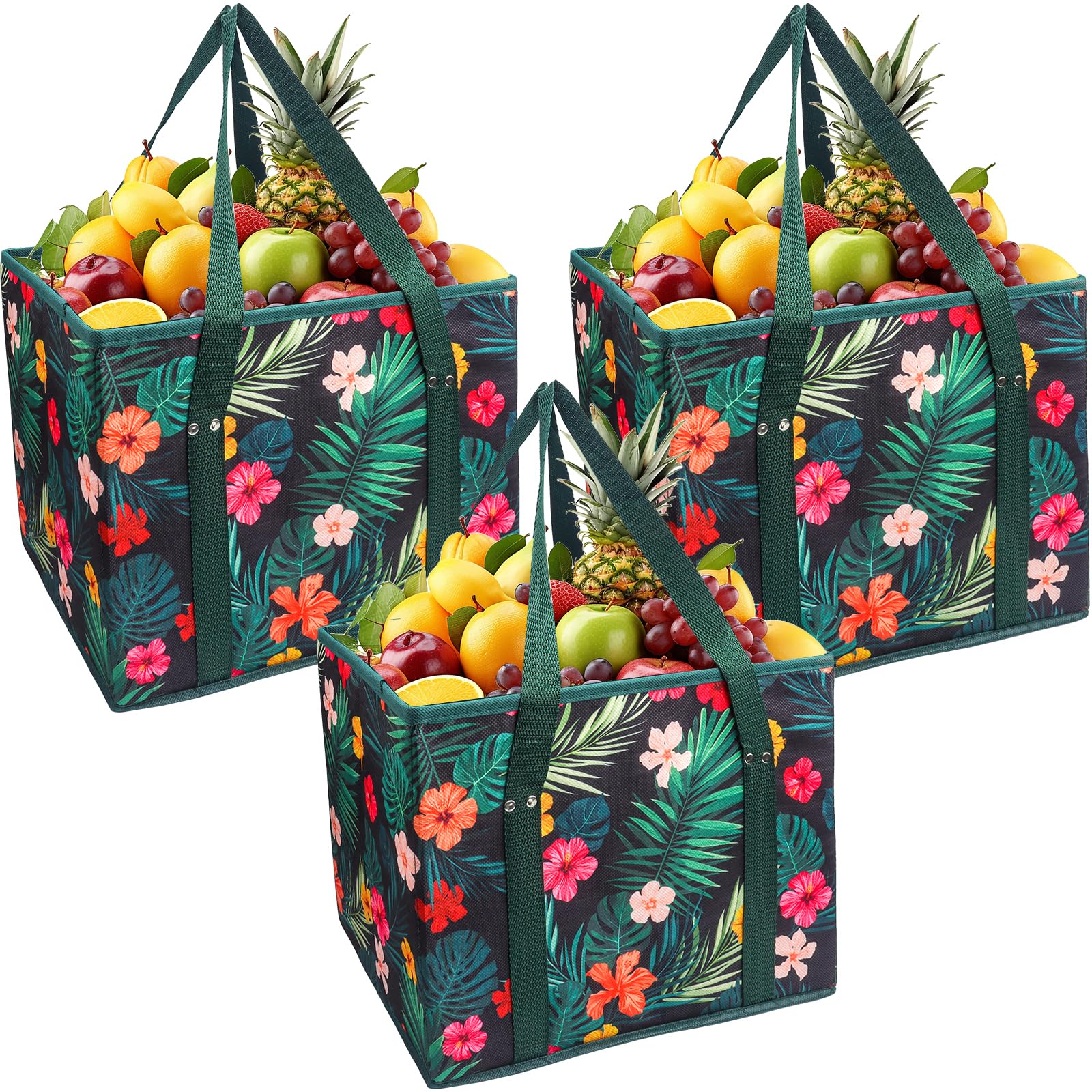 Roellgs 3 Pack Reusable Grocery Shopping Bag w/Hard bottom, Foldable,Multipurpose Heavy Duty Tote,Daily Utility bag