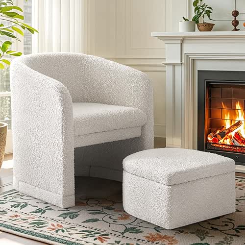 ELUCHANG White Accent Chair with Storage Ottoman, Upholstered Barrel Arm