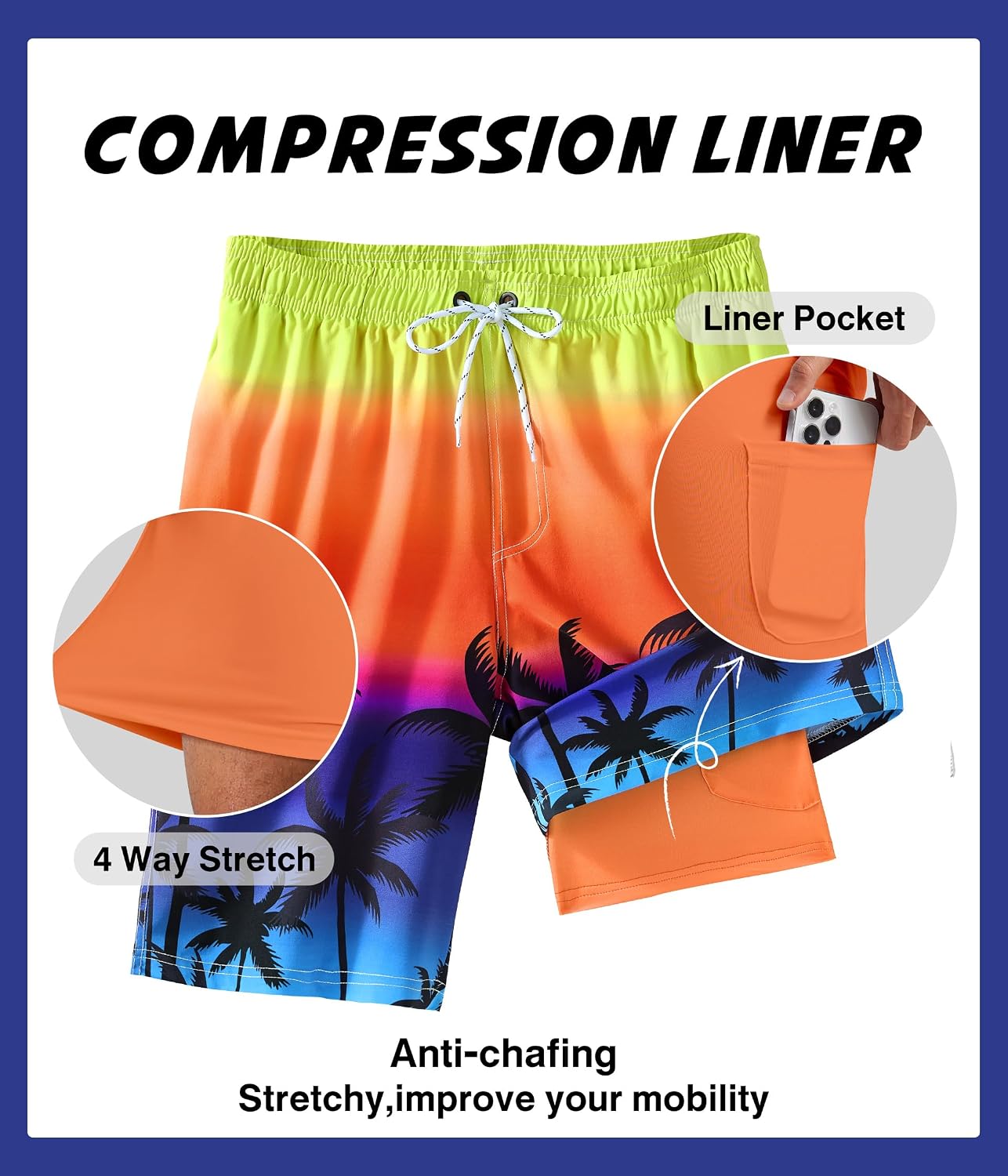 Mens Swim Trunks with Compression Liner 9" Swim Trunks Quick Dry Surfing Beach Shorts Hawaii Sports Shorts