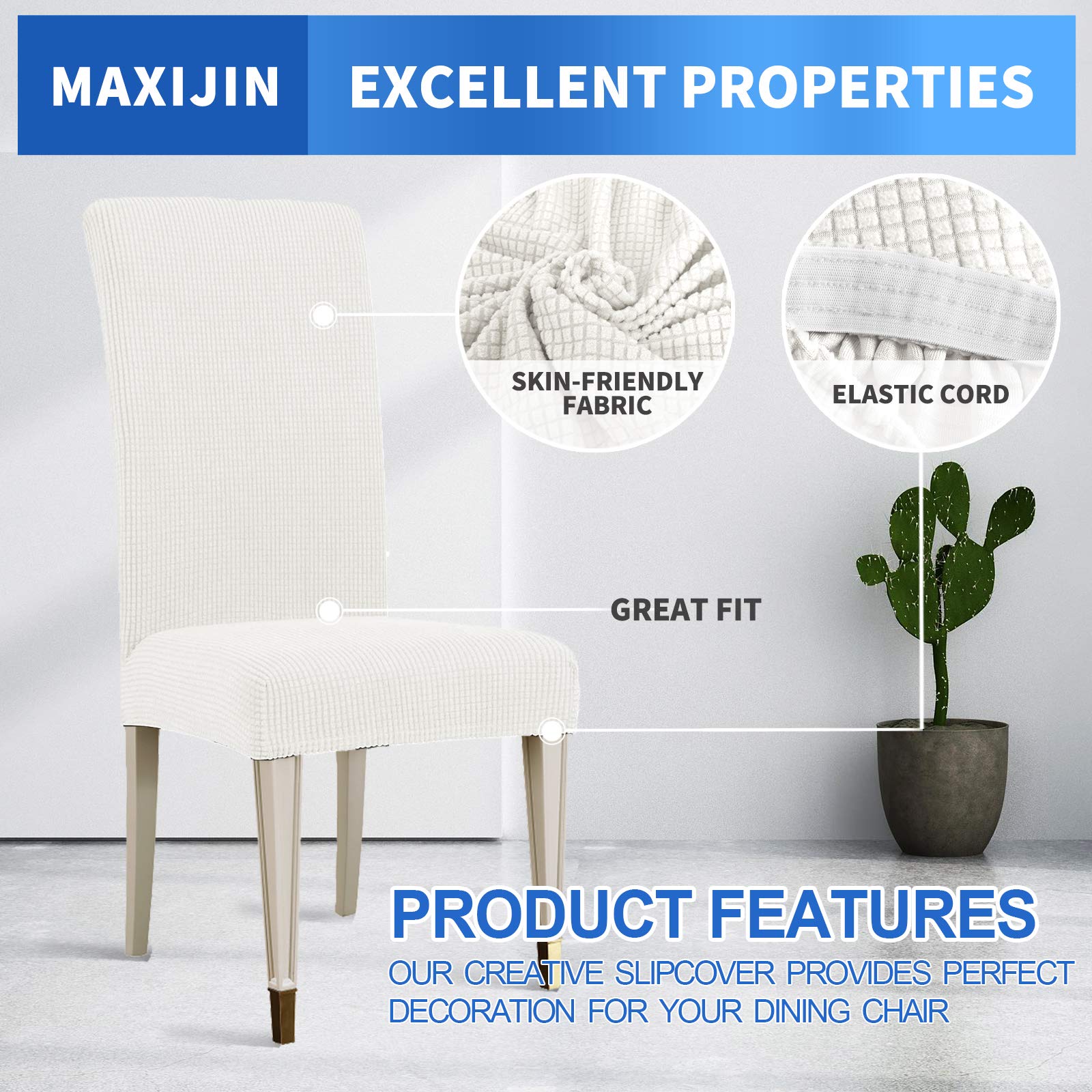 MAXIJIN Super Stretch Dining Room Chair Cover Jacquard Spandex Dining Parsons Chair Slipcover Removable Chair Protector Covers for Dining Room,Hotel,Kitchen,Ceremony (White - Image 3