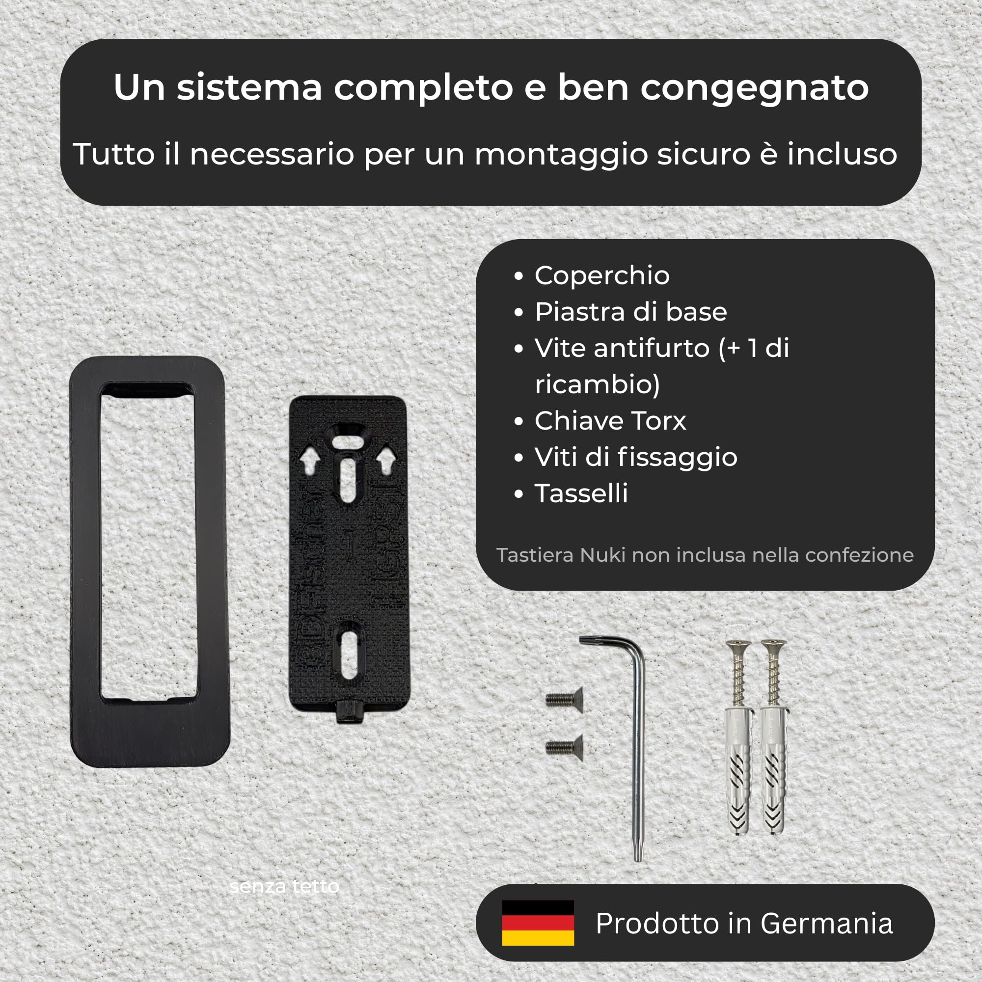 Generisch Supporto da parete compatibile con Nuki Keypad 1 – Copertura antifurto con vite di sicurezza Torx – senza tetto – Finitura simile all’intonaco – Nero
