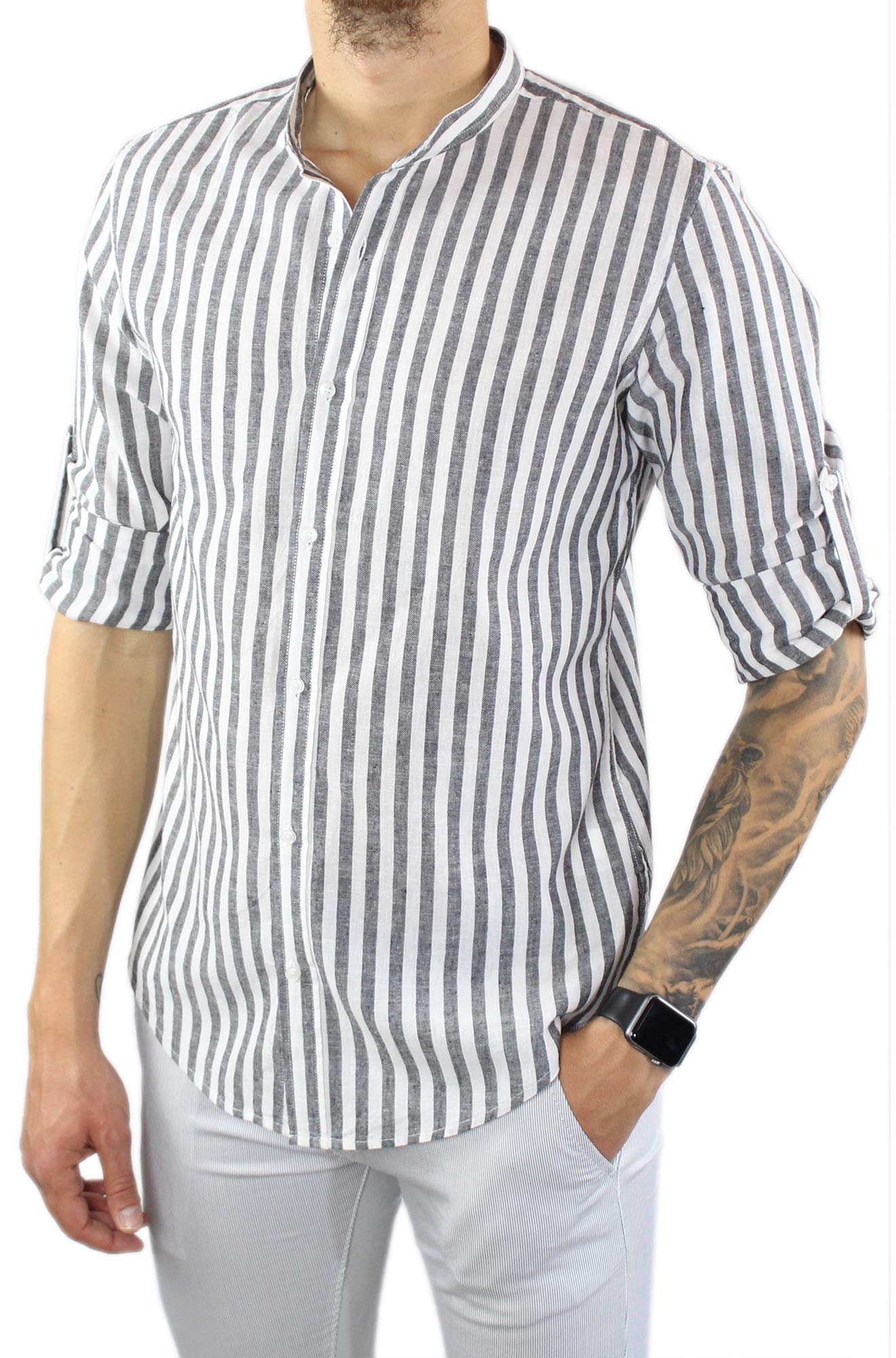 Camisa de lino para hombre Coreana a rayas negras de 100% lino Slim Fit elegante de manga larga a rayas