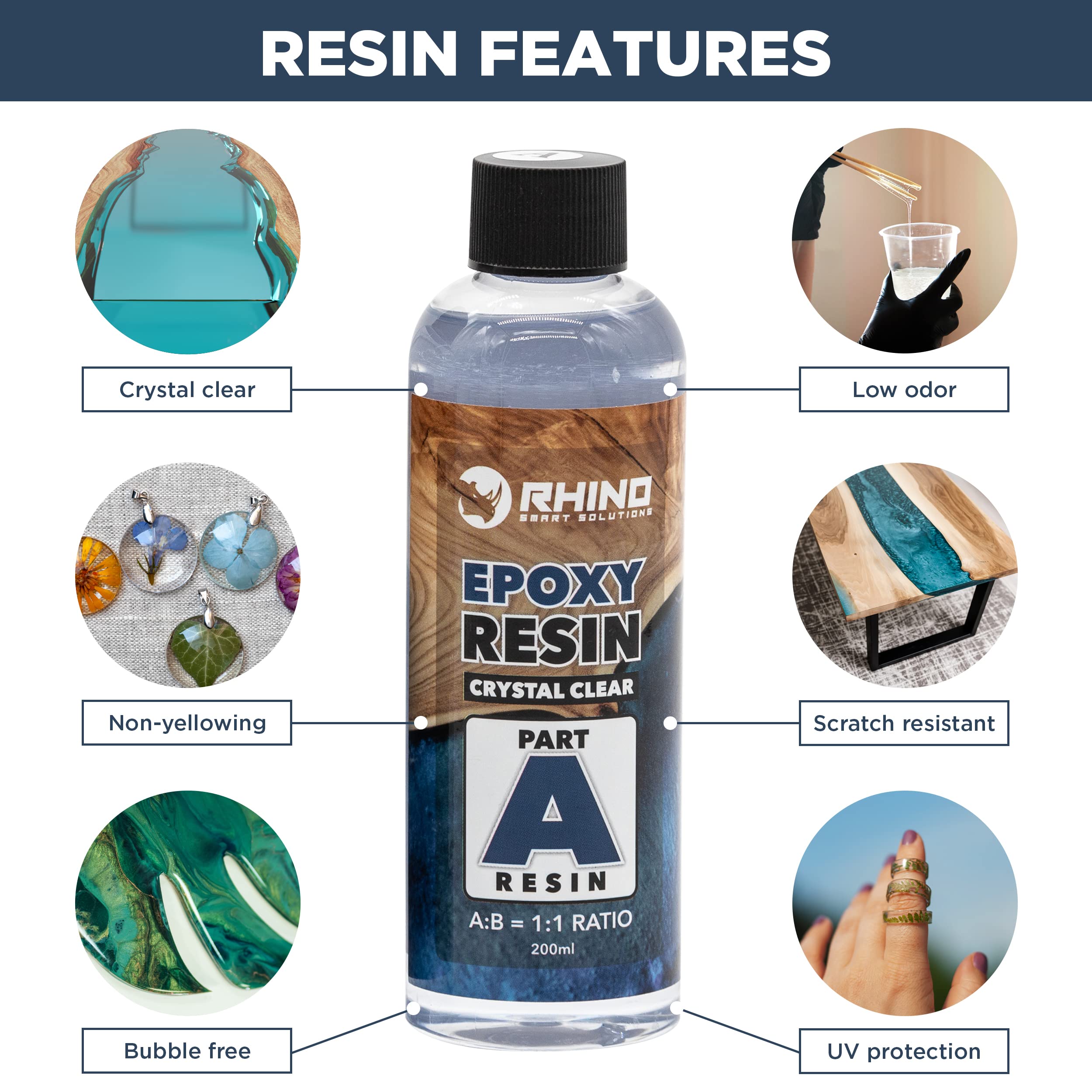 Kit Resina Epoxi Transparente RHINO Smart Solutions - Set de Iniciación Resina Liquida + Endurecedor (1:1) con Accesorios, Pigmentos y Molde para Manualidades, Joyería, Bricolaje, Recubrimiento