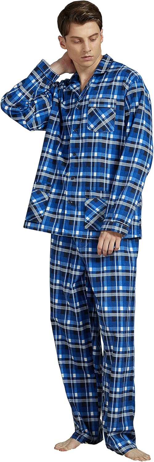 Amaxer Men’s 100% Cotton Pajamas Set Flannel Long Sleeves Pijamas For Men Pockets Button Pjs Elastic High Waist - Image 4