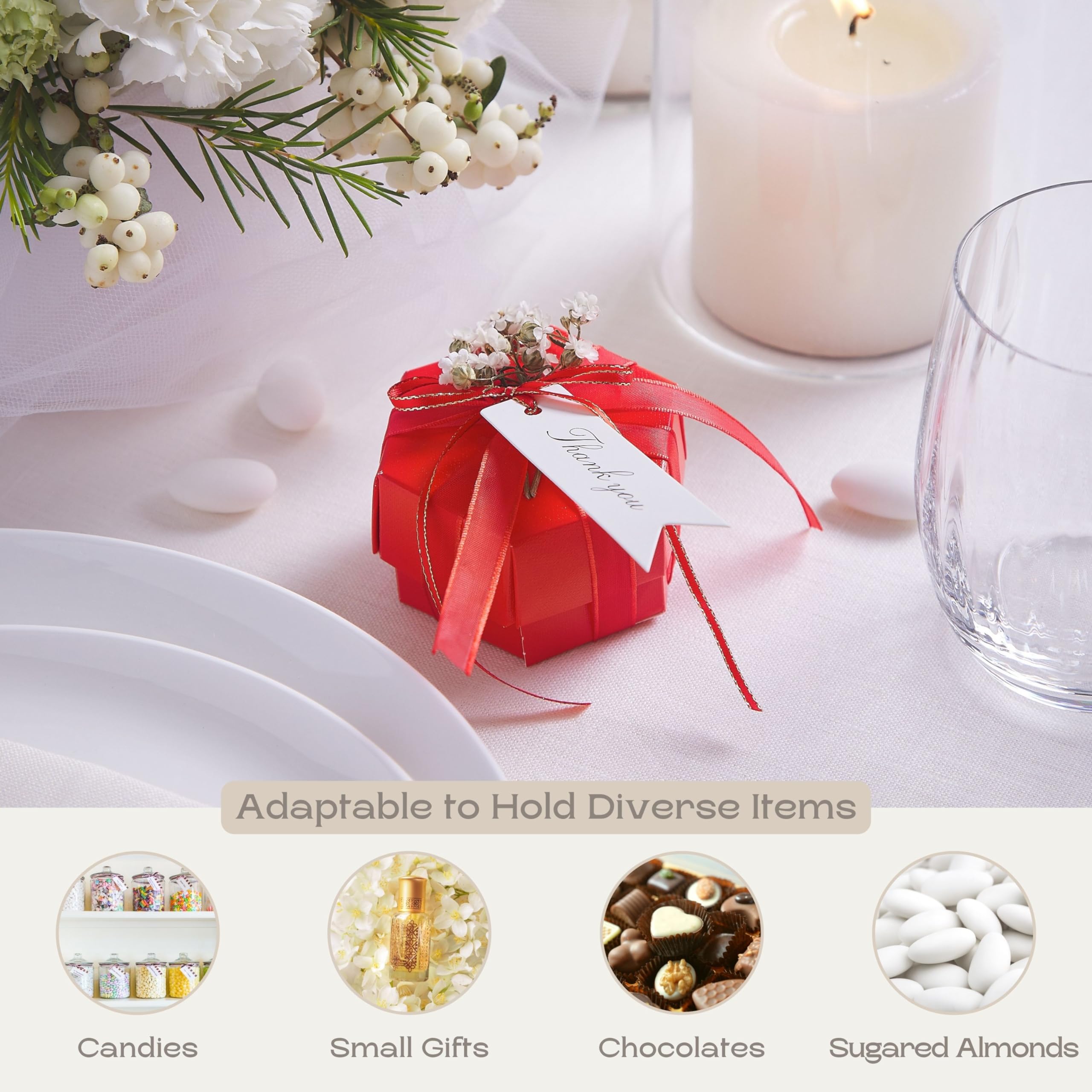 Boxes Craftory Kleine Geschenkschachteln, sechseckig, 6 x 4 cm, ideal für Hochzeit, Babyparty und Brautparty, rotes Leinen, 40 Stück