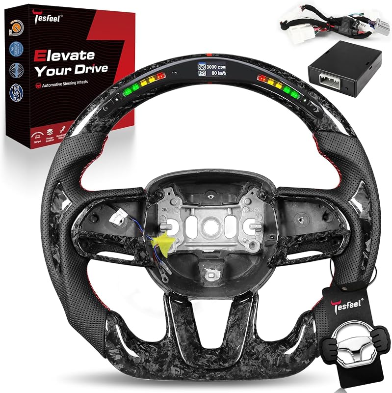 Volante Esportivo D-Shape em Fibra de Carbono Forjada com Tela LED TESFEEL para Dodge Challenger 2015–2023