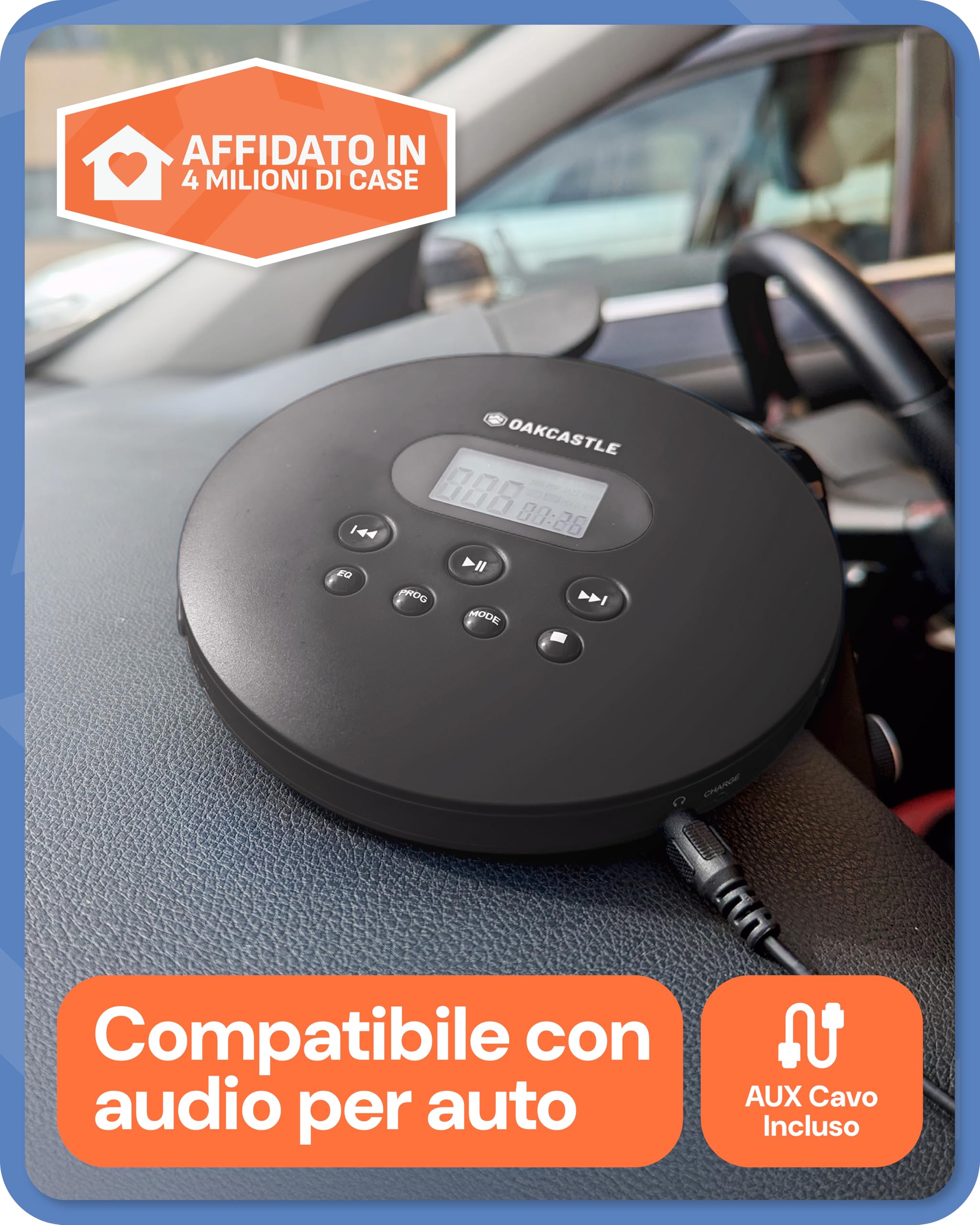Oakcastle CD100 Lettore CD portatile ricaricabile Bluetooth 5.3, 12 ore riproduzione, anti-salto, USB-C