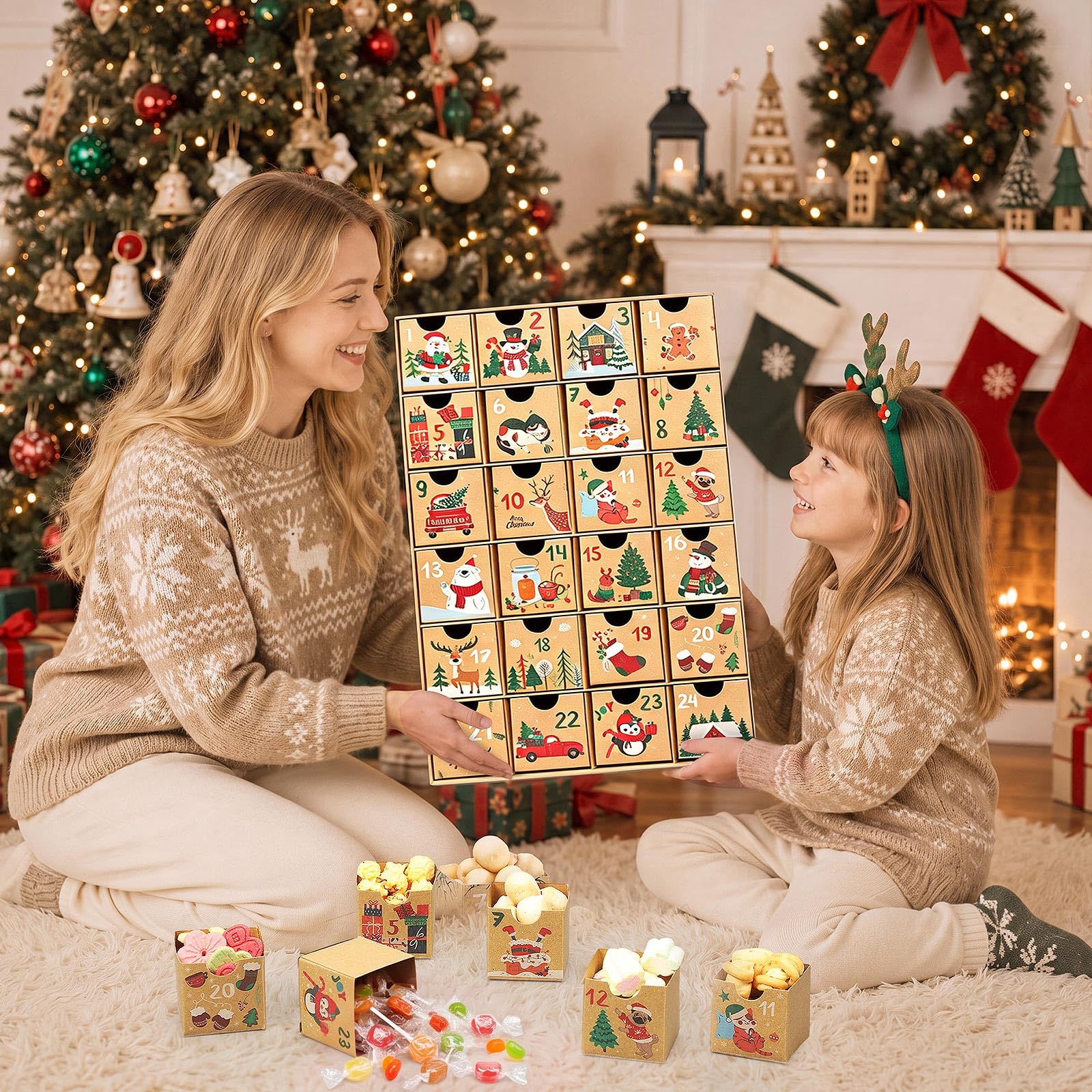Containlol Cajas de calendario de Adviento de Navidad, cajas de regalo de cuenta regresiva de Adviento, número de cartón de Navidad, calendario vacío, decoración navideña para llenar tu propio regalo