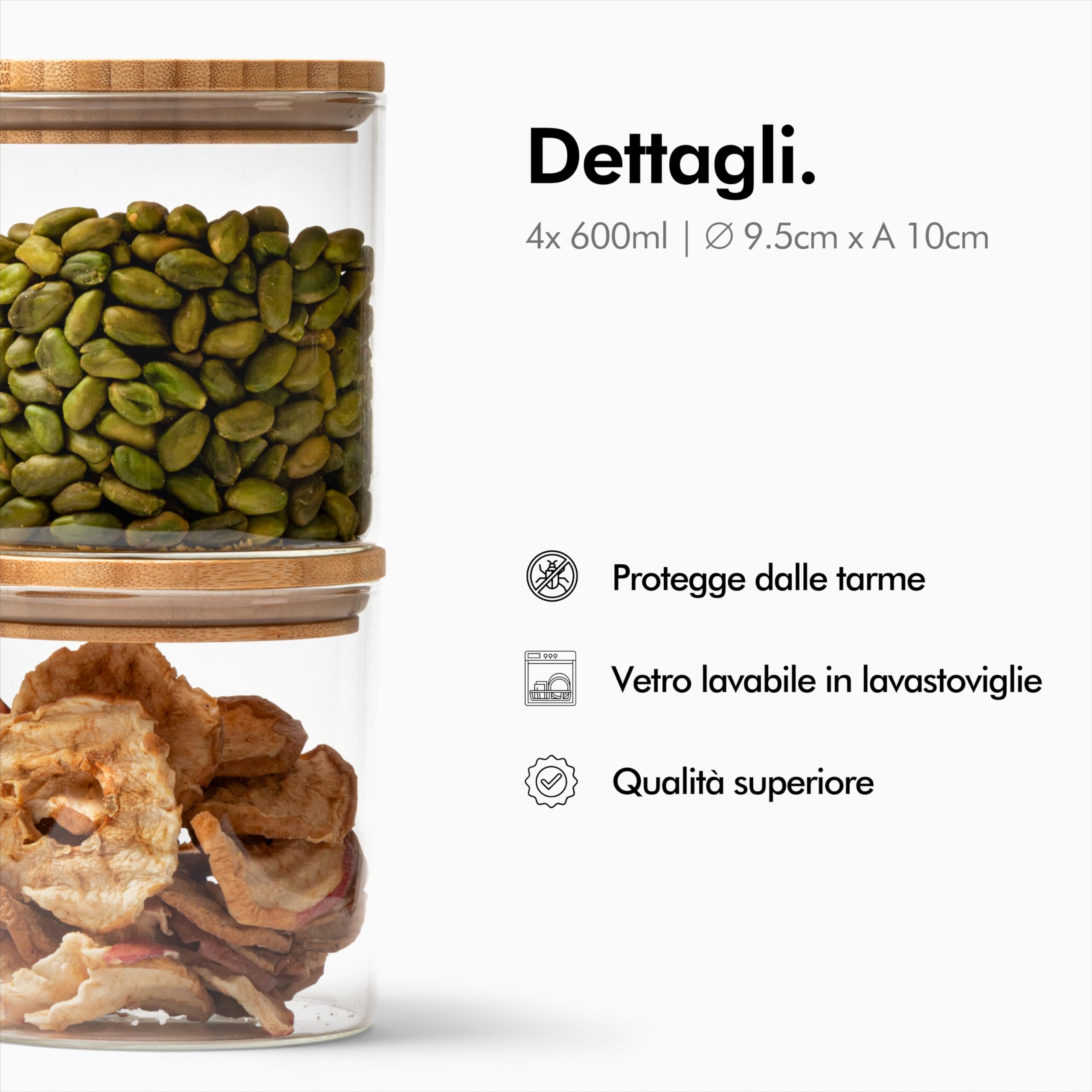 KIVY Barattoli Vetro Ermetici [4x 600ml] - Barattolo Vetro con Coperchio - Barattolo Sale Zucchero Caffè - Barattoli Cucina in Bambù - Contenitore Sale - Porta Pasta con Coperchio