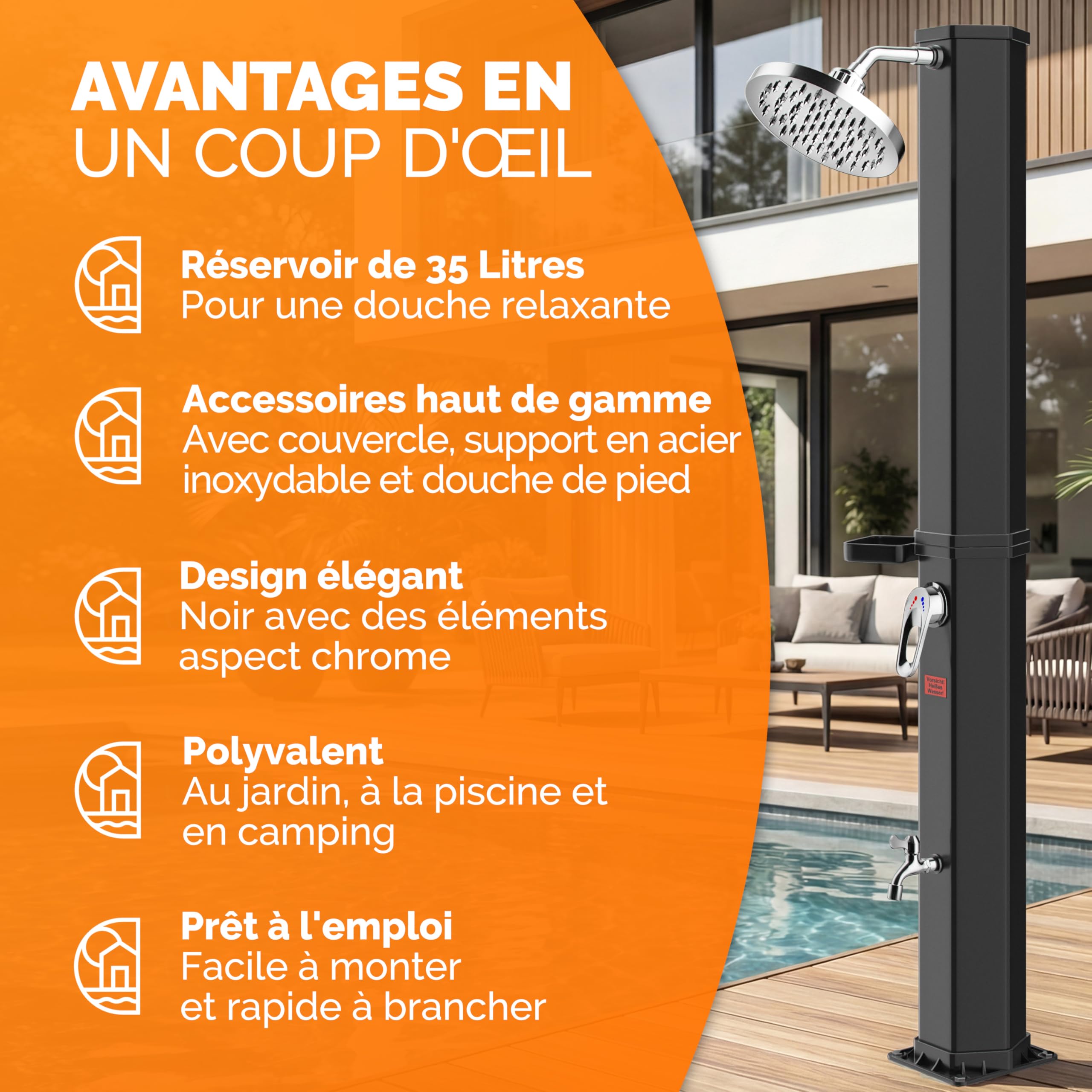 Casaria® Douche Solaire Jardin 35 L - 216 cm - Pommeau de Douche pivotant Ø15 cm - Douchette extérieur Eau Chaude - avec raccord Tuyau d'Arrosage & Housse de Protection - Piscine, Terrasse, Camping