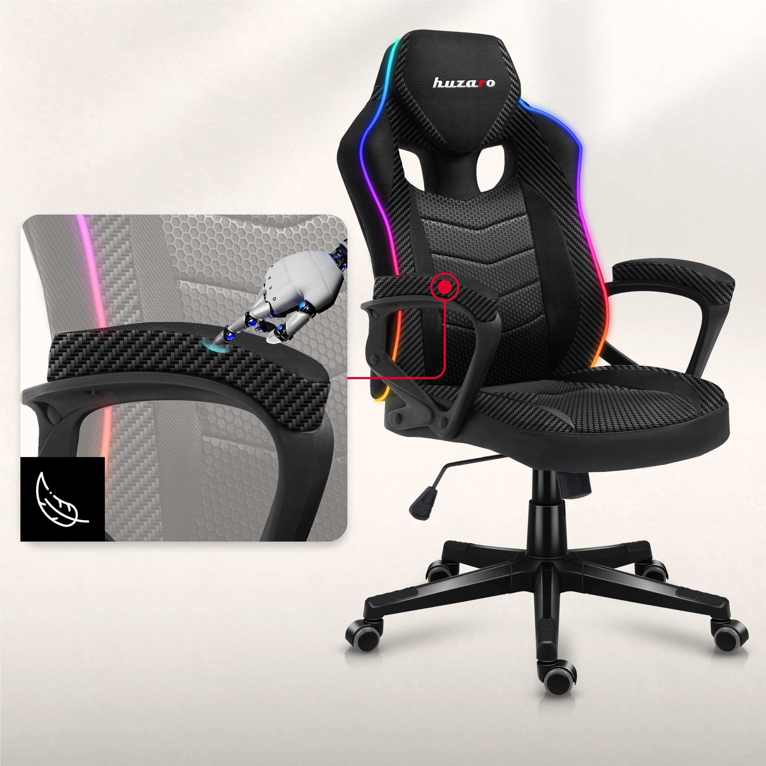 huzaro Force 2.5 Gaming Stuhl mit LED - ergonomischer Gaming Stuhl | RGB Beleuchtung mit Fernbedienung - Schreibtischstuhl Gaming mit Wippfunktion - SoftFlex - bis 130 kg - Schwarz Carbon