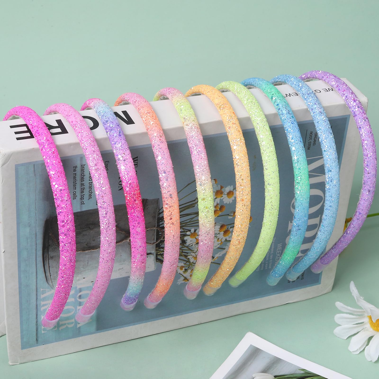 Candygirl 10Pcs Sequin Covered Headbands Glitter Alice Bands for Women Girls,1cm Glitter Headband Rainbow Hard Head Bands Sparkly Not Slip Headbands for Girls Women Hair Accessories Multicolored - Image 4