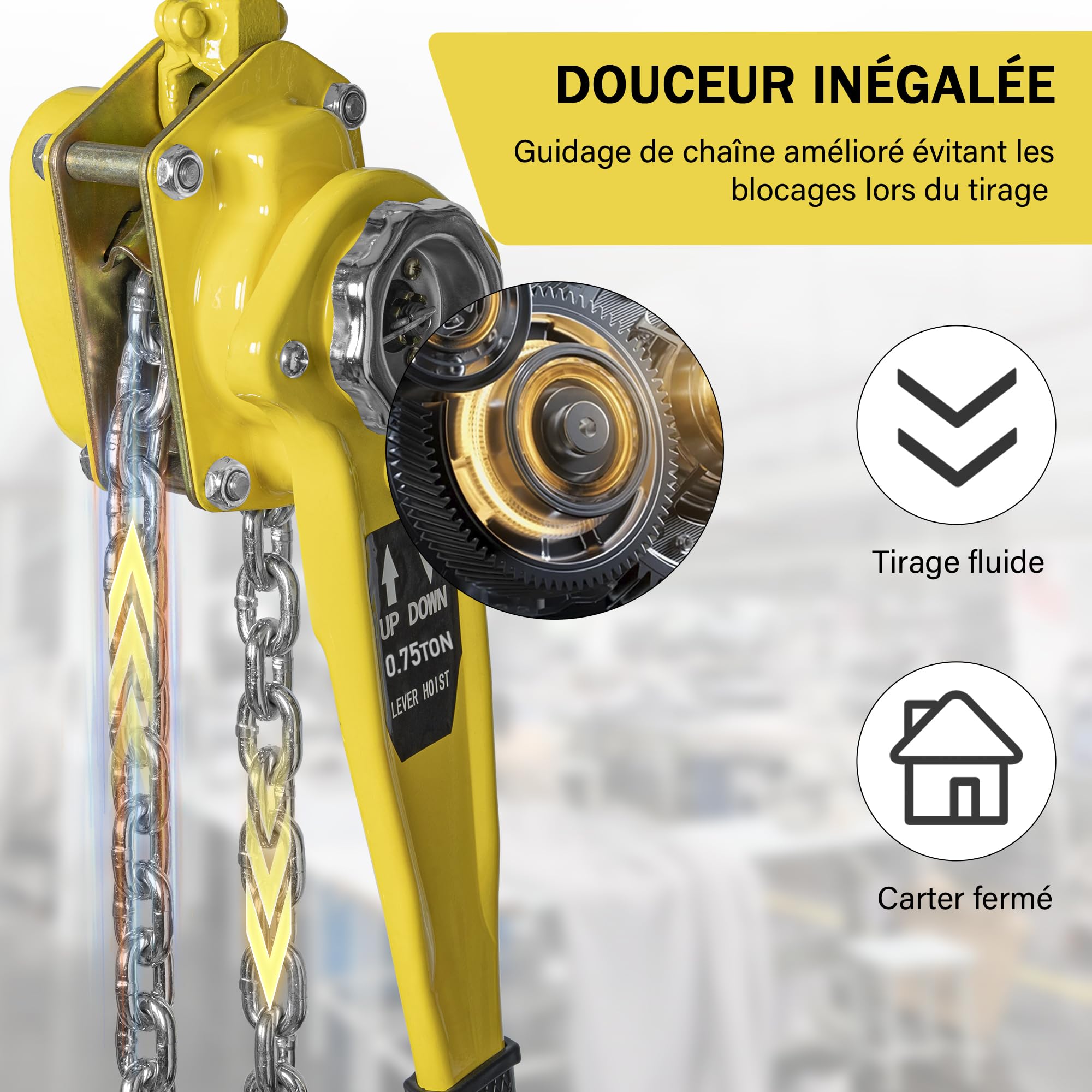 OUUTMEE Palan Manuel à Chaîne 0,75 T, Hauteur de Levage 3 M | Palan à Levier Manuel, Chaîne en Acier au Carbone G80, Avec Crochet, Pour Entrepôt, Garage et Quai d'Usine, Jaune