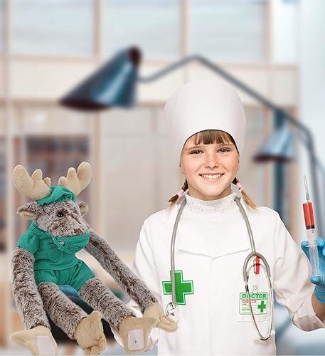 Miniatura 5 de DolliBu Juguete de peluche de médico de alce, alce súper suave con brazos largos, disfraz de médico con bonito uniforme médico y traje de gorra con