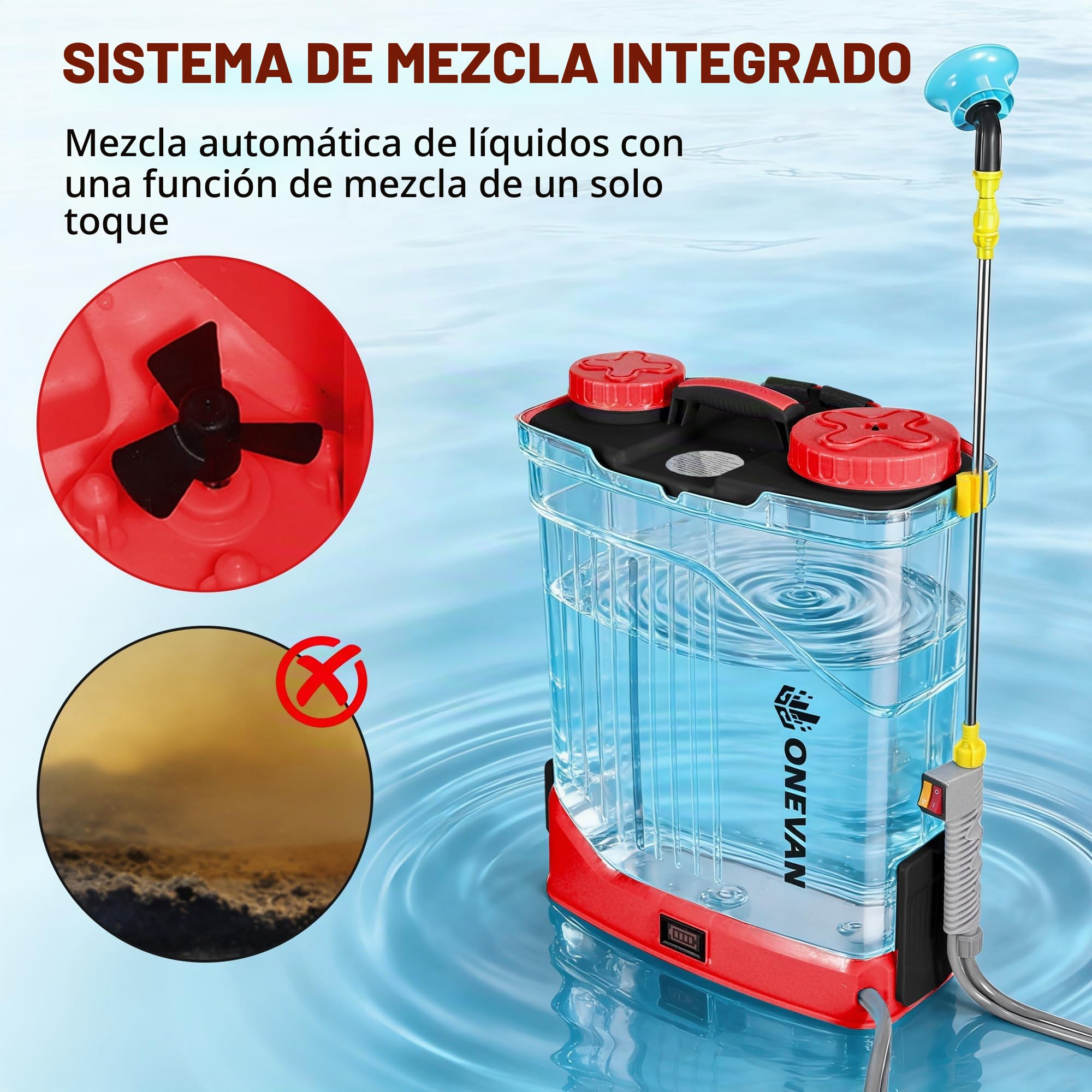 ONEVAN Pulverizador Eléctrico 20L Función Mezcladora 2x3,0Ah y 5 Boquillas | 0-100PSI ajustable, varilla telescópica hasta 41", para 20 tanques, 5 boquillas, sistema de mezcla integrado muy eficiente