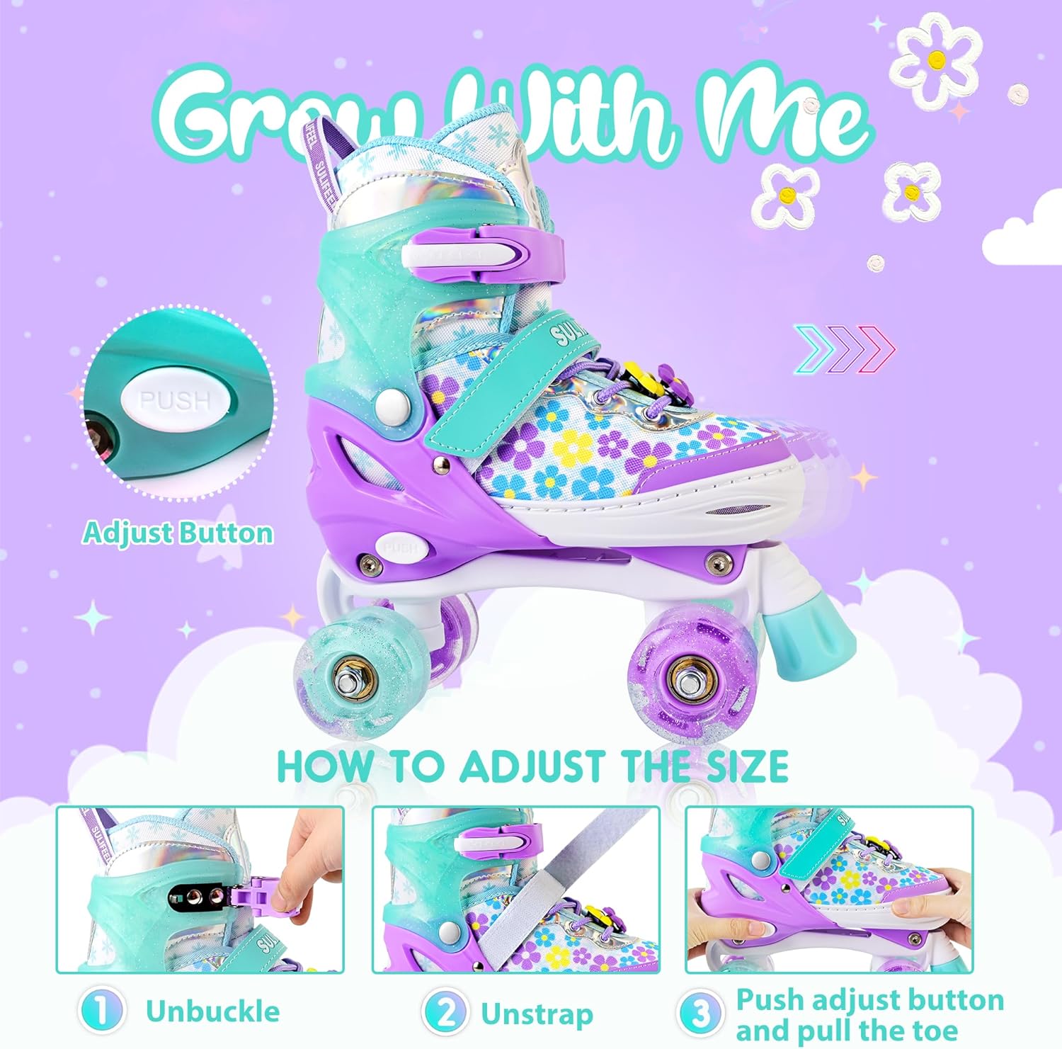 SULIFEEL Rainbow Unicorn 4 Size Adjustable Roller Skates for Girls Boys for Kids Ages 3-5 5-8 6-12 Children Skates Indoor Outdoor