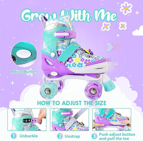 Miniatura 53 de SULIFEEL - Patines infantiles con luz ajustable y diseño de unicornio y arcoíris, tamaño 4 para niños y niñas b púrpura