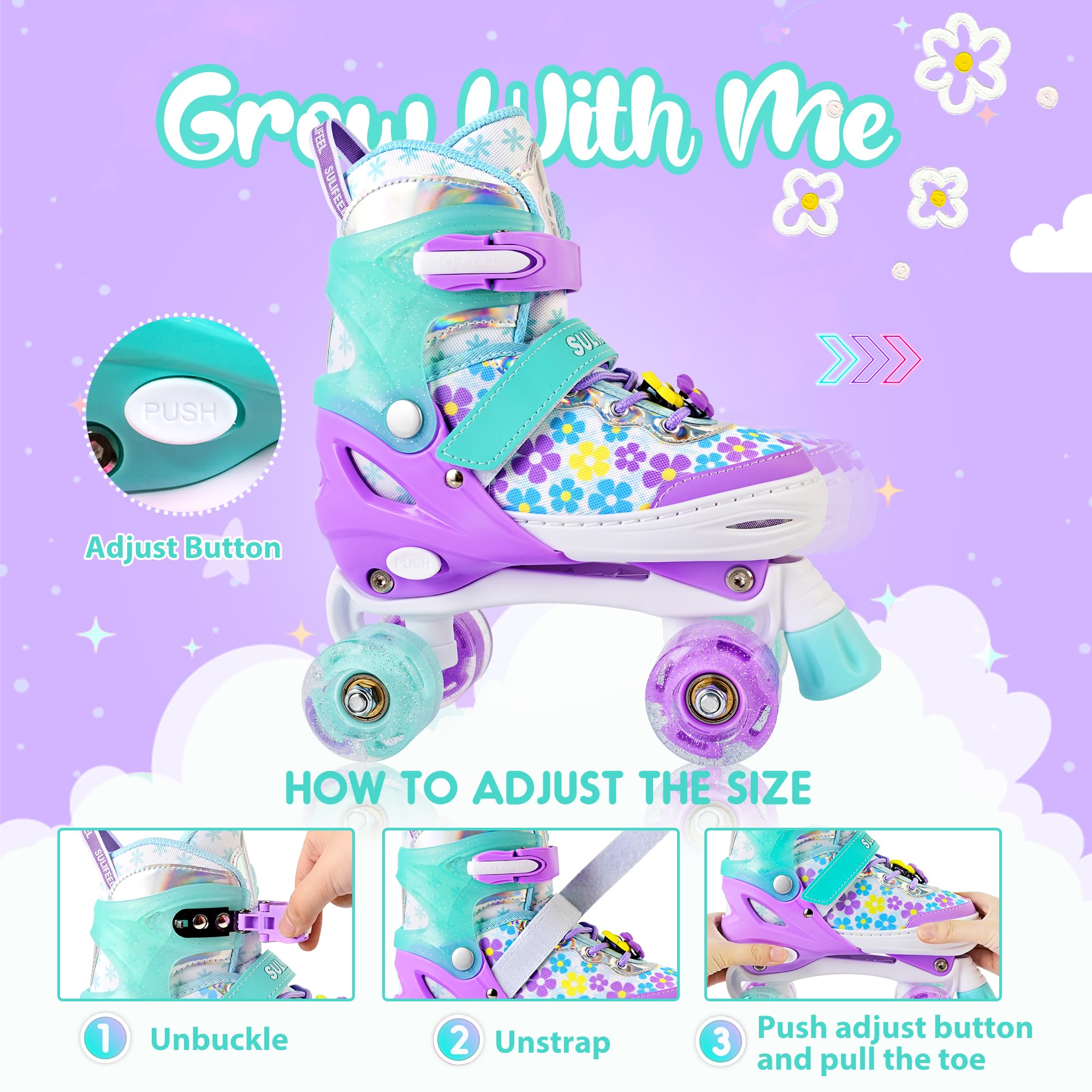 SULIFEEL Rainbow Unicorn 4 Size Adjustable Light up Roller Skates for Girls Boys for Kids