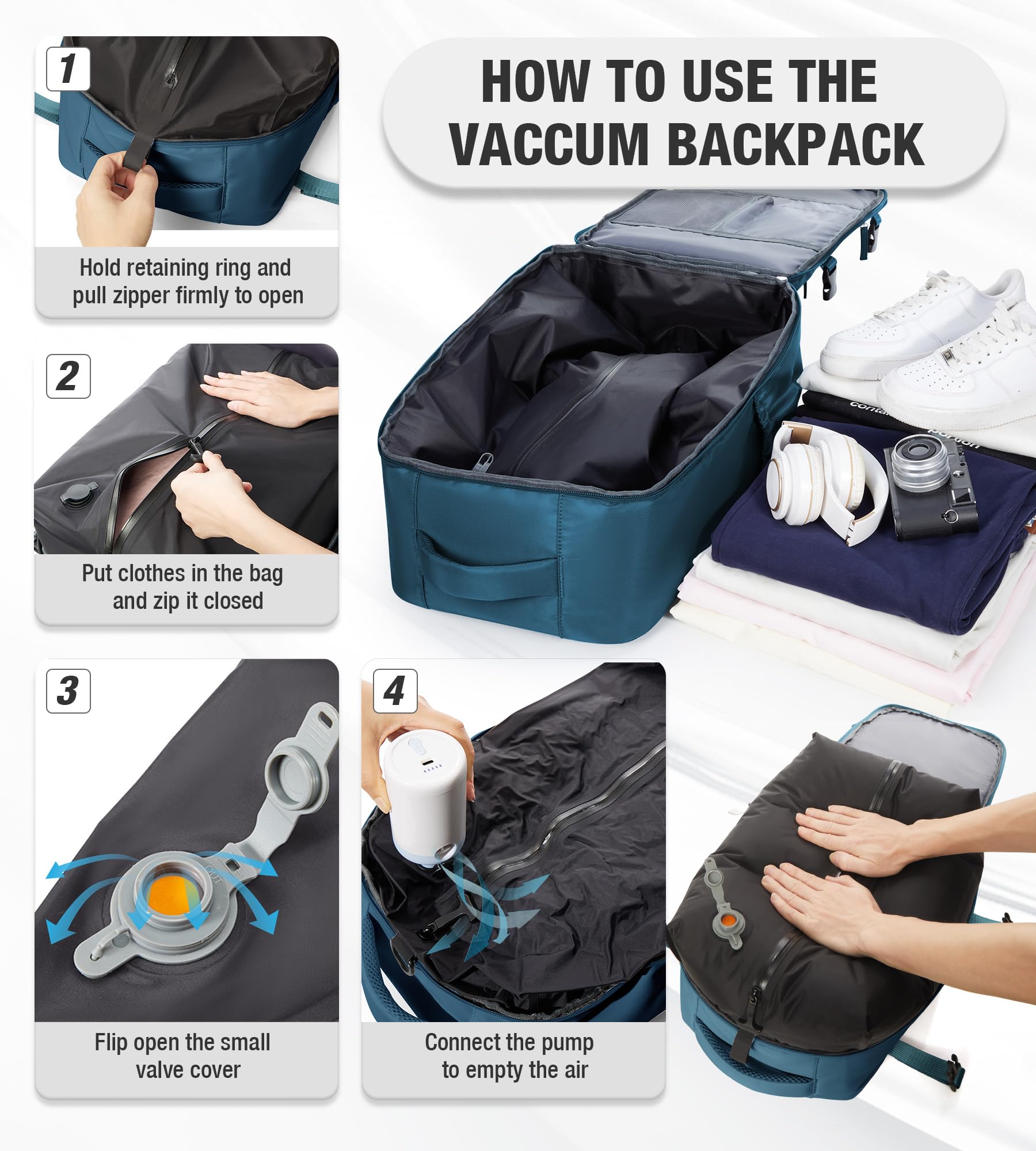 Zaino da Viaggio Grande Zaino Sottovuoto Con Pompa Donna da Escursionismo Sportivo da Esterno impermeabile Zaino Casual Laptop da 15.6 Pollici Borsa da Viaggio Uomo Blu