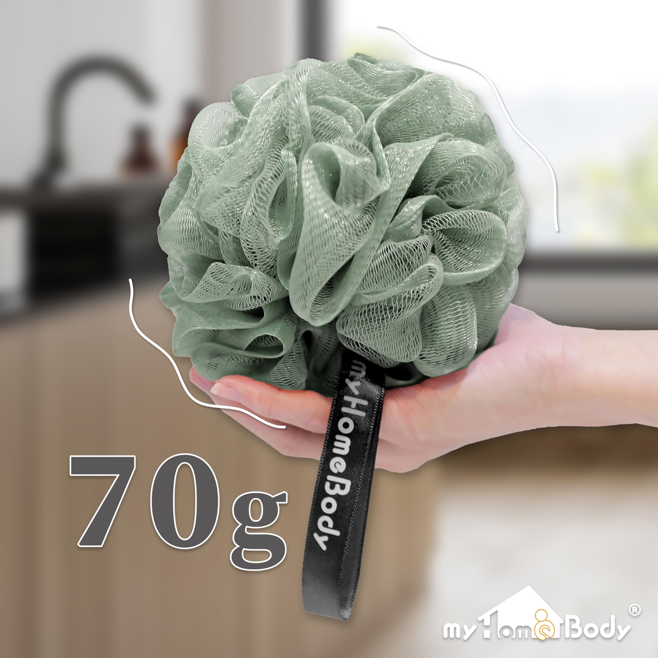myHomeBody Spugna di luffa grande da 70 g, scrubber per il corpo, spugna da bagno, Spugna esfoliante - Pouf doccia con carbone attivo -2 Graphite Gray + 1 Sage Green, confezione da 3 pz