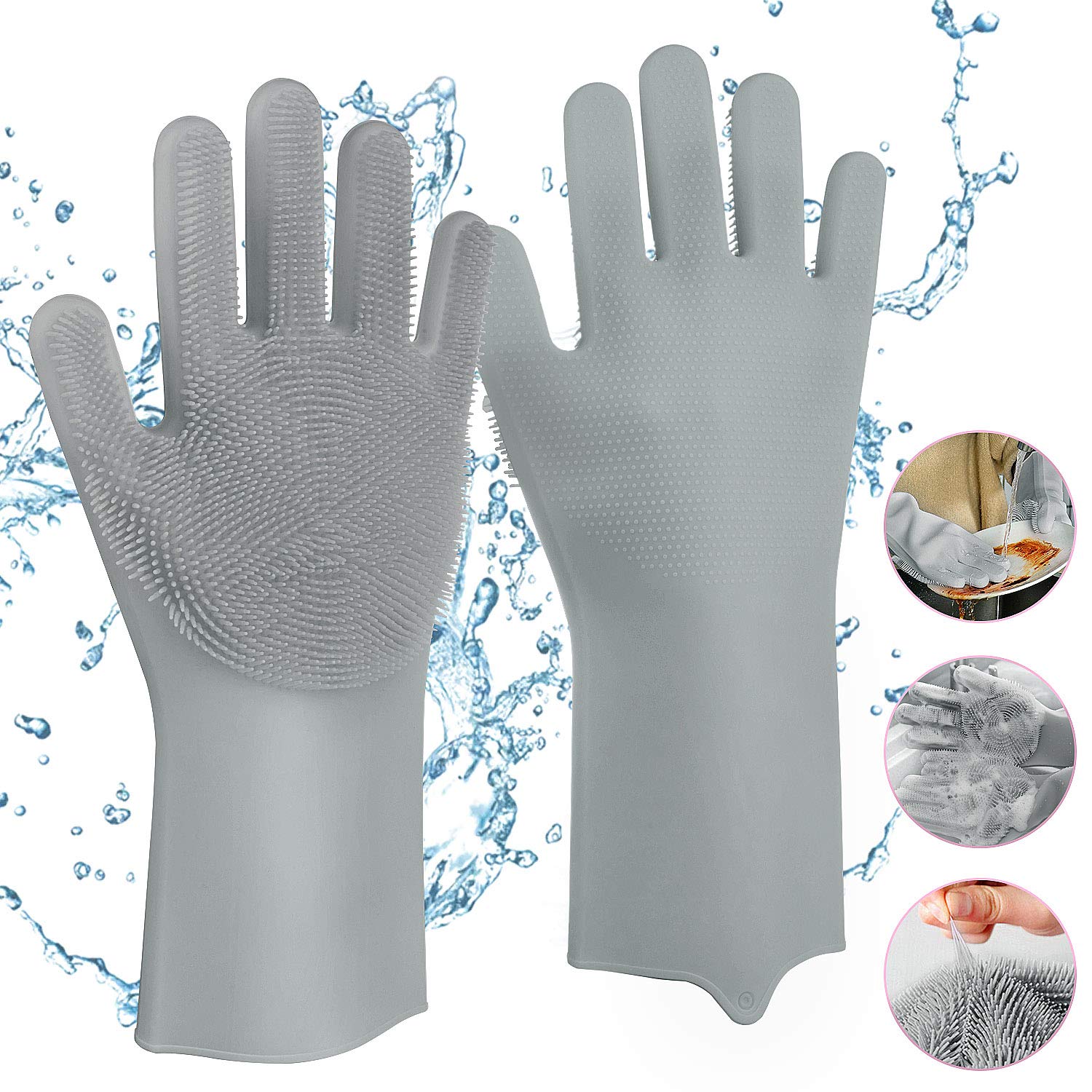 Magic Silicone Dishwashing Gloves, Comius Sharp Upgraded Reusable Silicone Cleaning Gloves Dishwashing Scrubber for Cleaning Dishwashing, Kitchen and Bathroom (Gray)