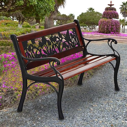 Miniatura 8 de PHI VILLA Banco de jardín de hierro fundido de 50 pulgadas con marco de acero y respaldo de diseño floral, asiento de listones para parque, patio y