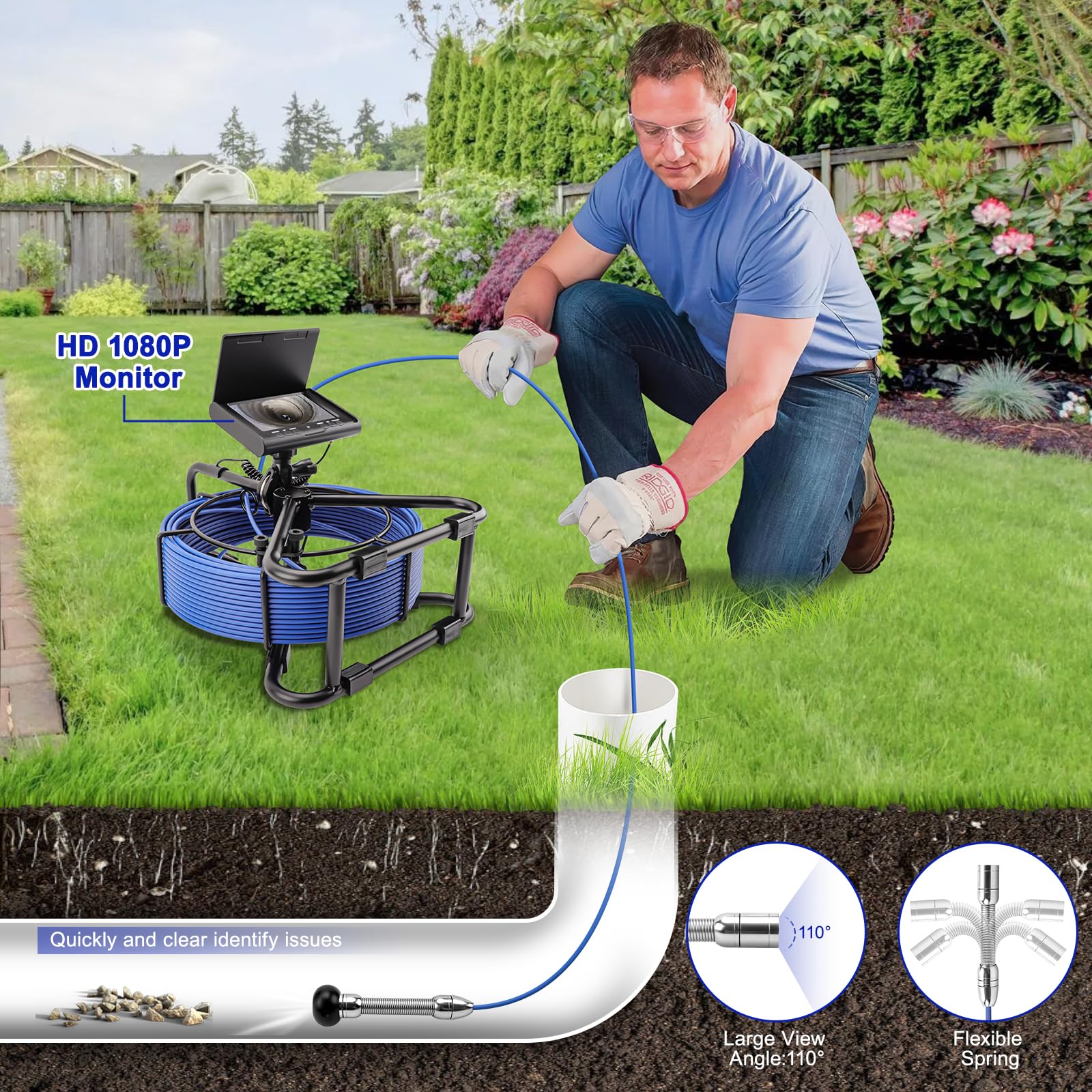 KAOLALI Cámara de Inspección de Tuberías 30M, Pantalla 4,3'', con DVR | Cámara de Tubo 1000TVL Plomería Snake Cámara con 6 LED, Batería de 5000 mAh, Tarjeta de 32 GB, IP68 Impermeable