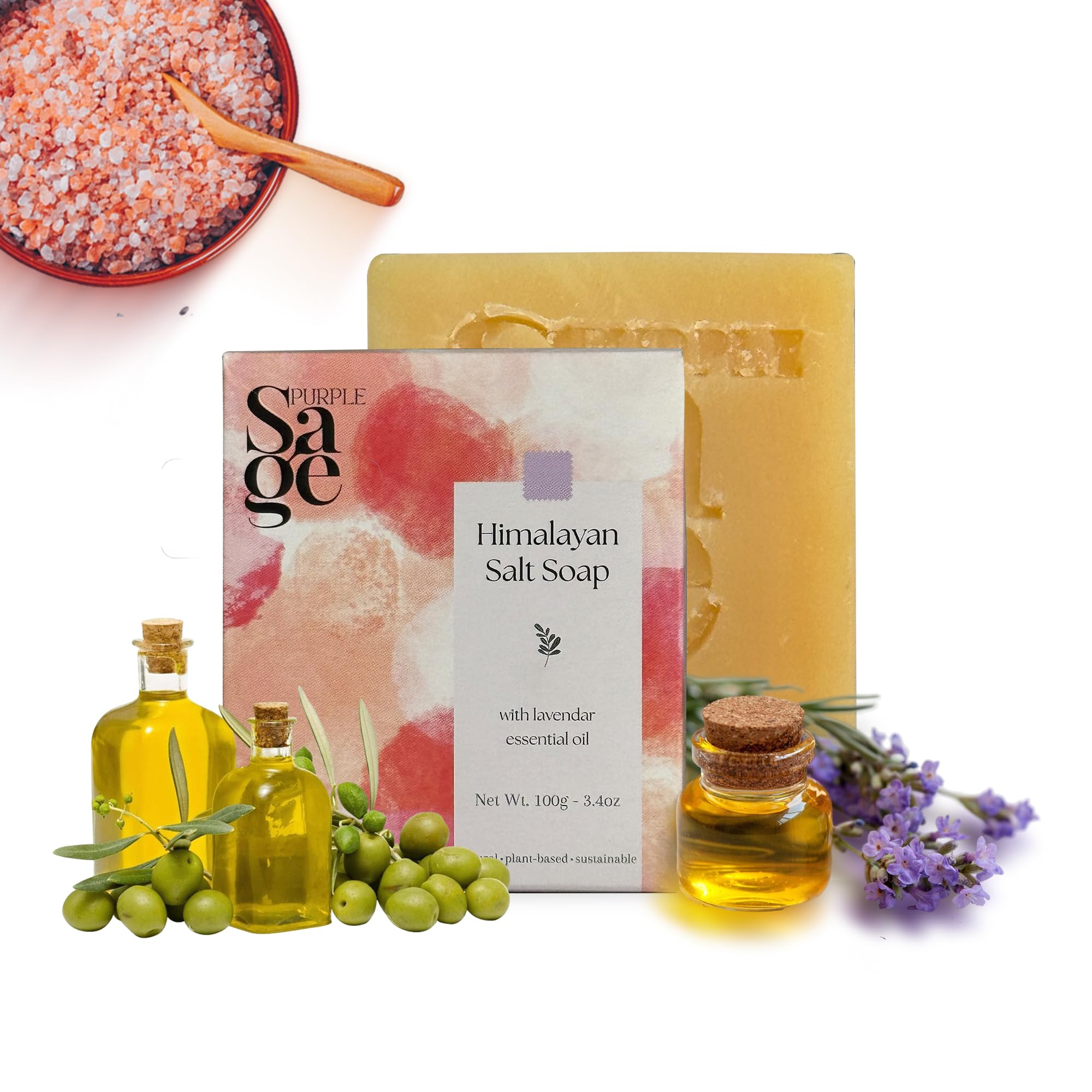 PURPLE SAGE Himalayan Pink Salt Soap Bar Natural Exfoliating Cleanser for Acne, Detox & Anti-Aging | Mineral-Rich, Himalayan Salt | Hydrated, Soft Skin | For Oily Skin, Paraben Free | 100g (Pack of 1)