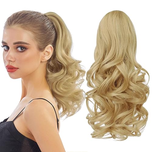 HEWEICSY Extensión de cola de caballo, extensiones de cabello largo y rizado de 16 pulgadas, extensión de cabello sintético de aspecto natural para