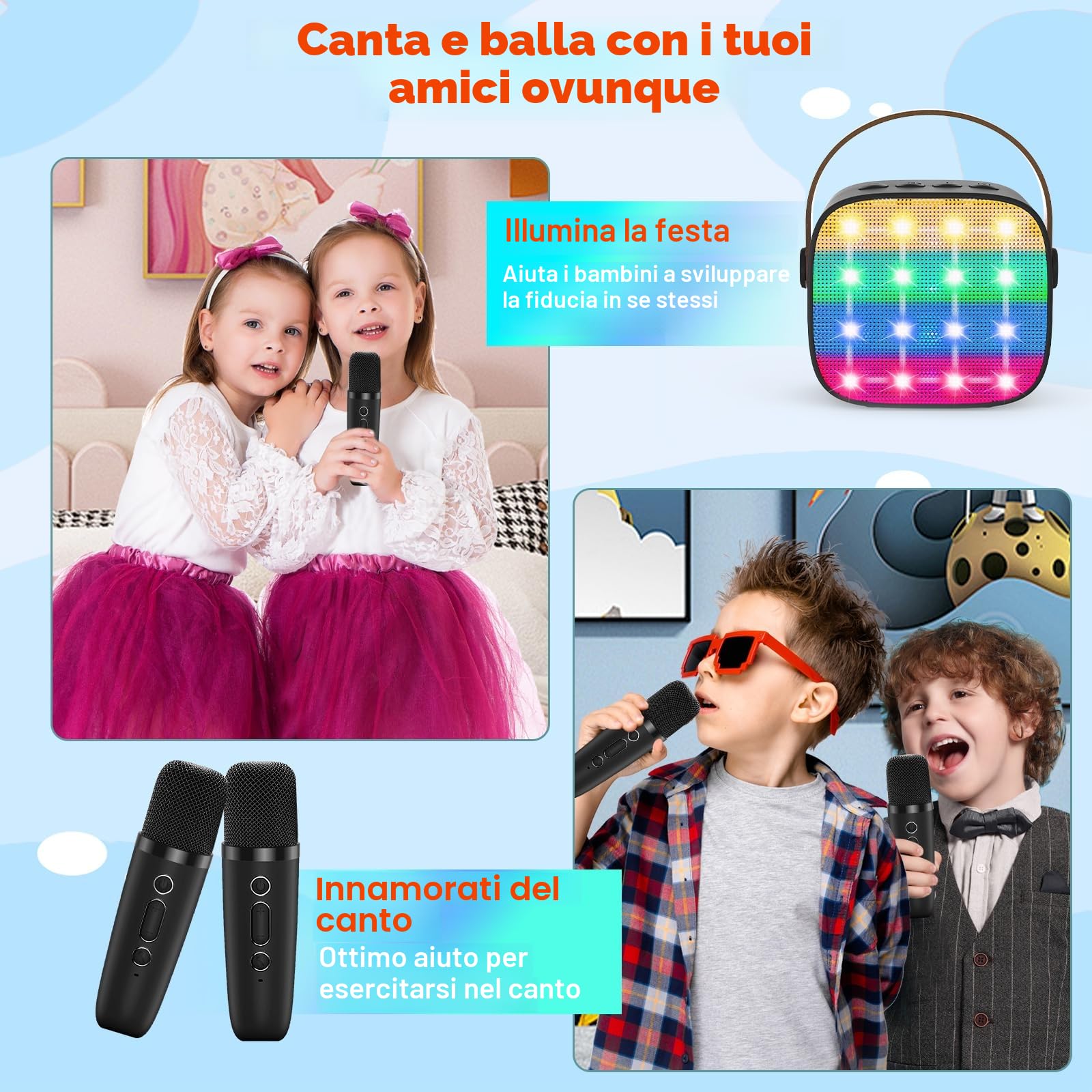 Macchina Karaoke per Bambini con 2 Microfoni Wireless Bluetooth, Altoparlante Portatile, Cambio Voce, Luci LED