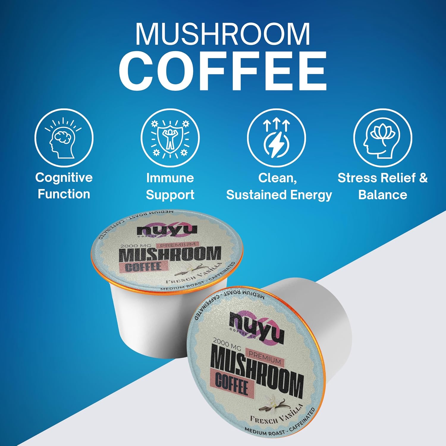 Nuyu Mushroom Coffee Pods, K-Cups, 100% Medium Roast Arabica Coffee with Lion's Mane, Reishi, Chaga, Cordyceps, 2000mg per Pod (24, French Vanilla)