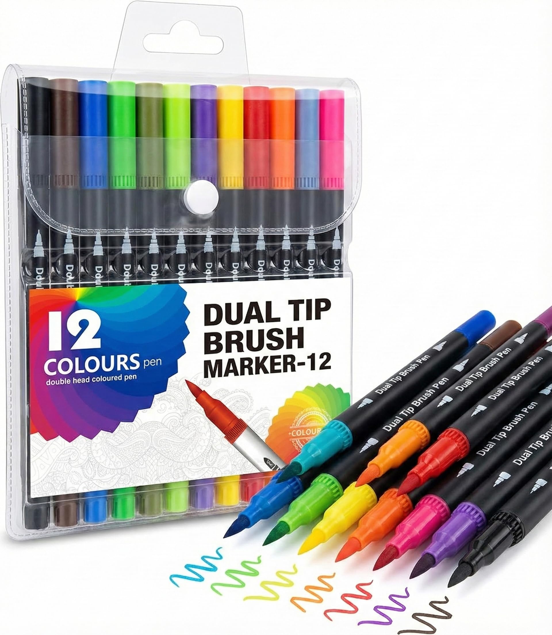 12 Colors Dual Tip Brush Pens Set | Fine Tip & Brush Tip Art Markers for Drawing, Sketching, Calligraphy, Coloring, Journaling | Water Based Non Toxic Markers for Kids & Adults