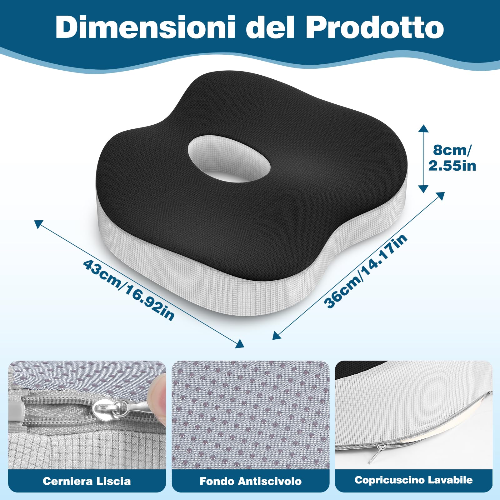 Cuscino Sedia Ufficio, Cuscino Ortopedico Seduta per Coccige, Memory Foam Cuscino Ergonomico Sedia Ufficio, Ciambella Antidecubito Alleviare il Dolore Cuscino per Sedia per Ufficio Auto Gaming - Nero