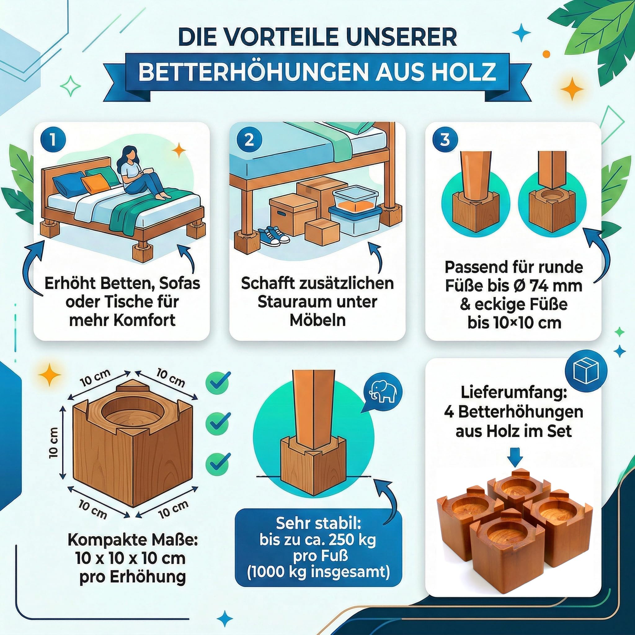 Design61 4er Bett Erhöhung Echt Holz Möbelerhöher Betterhöher Möbelerhöher Betterhöhung Möbelerhöhung Tischerhöher Elefantenfuß Bed Riser