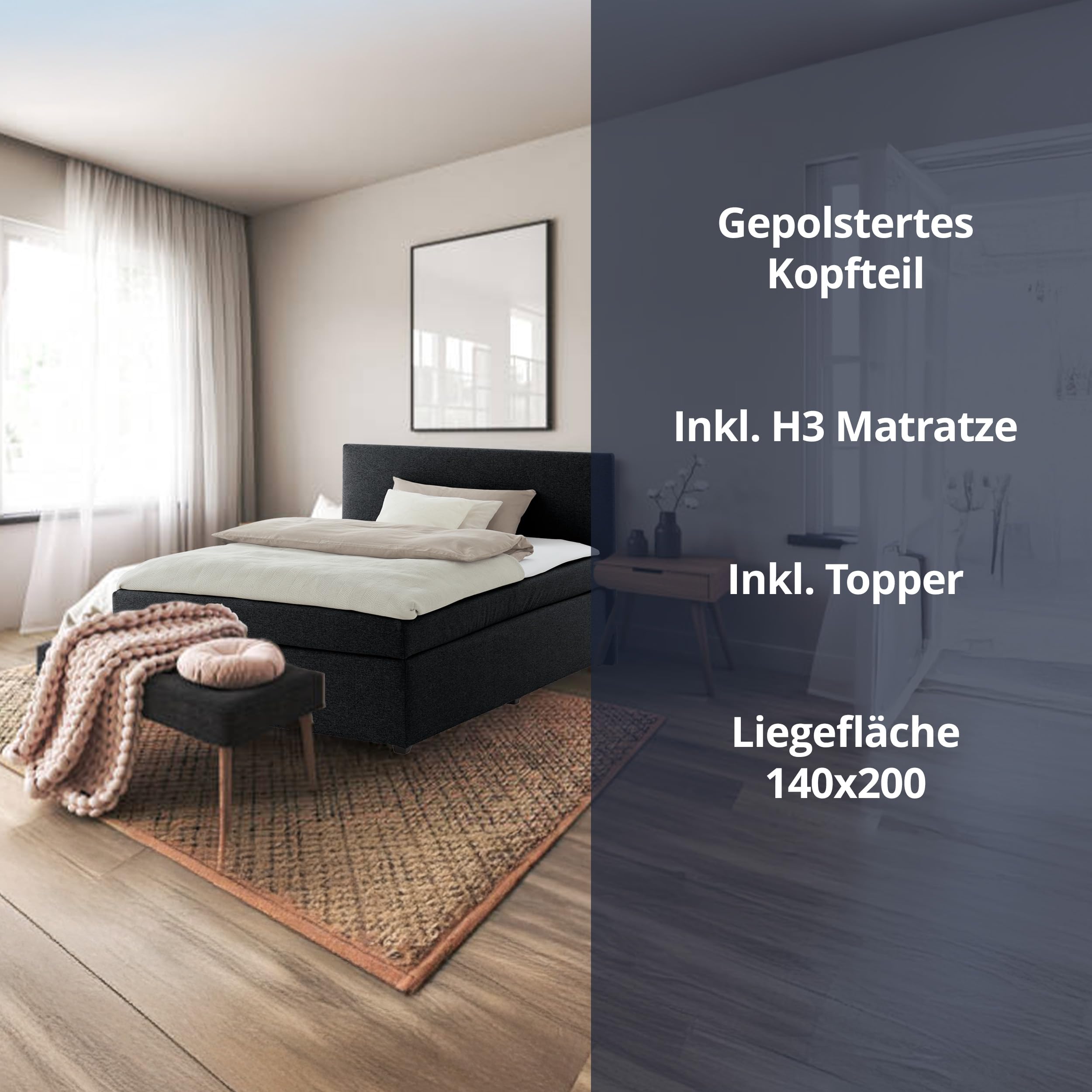 KHG Boxspringbett schwarz Härtegrad H3 mit Matratze Bonellfederkern und Topper 100% Polyester Schaumstoffkern Gestell Holzwerkstoff gepolstert stoffbezogen zeitlos