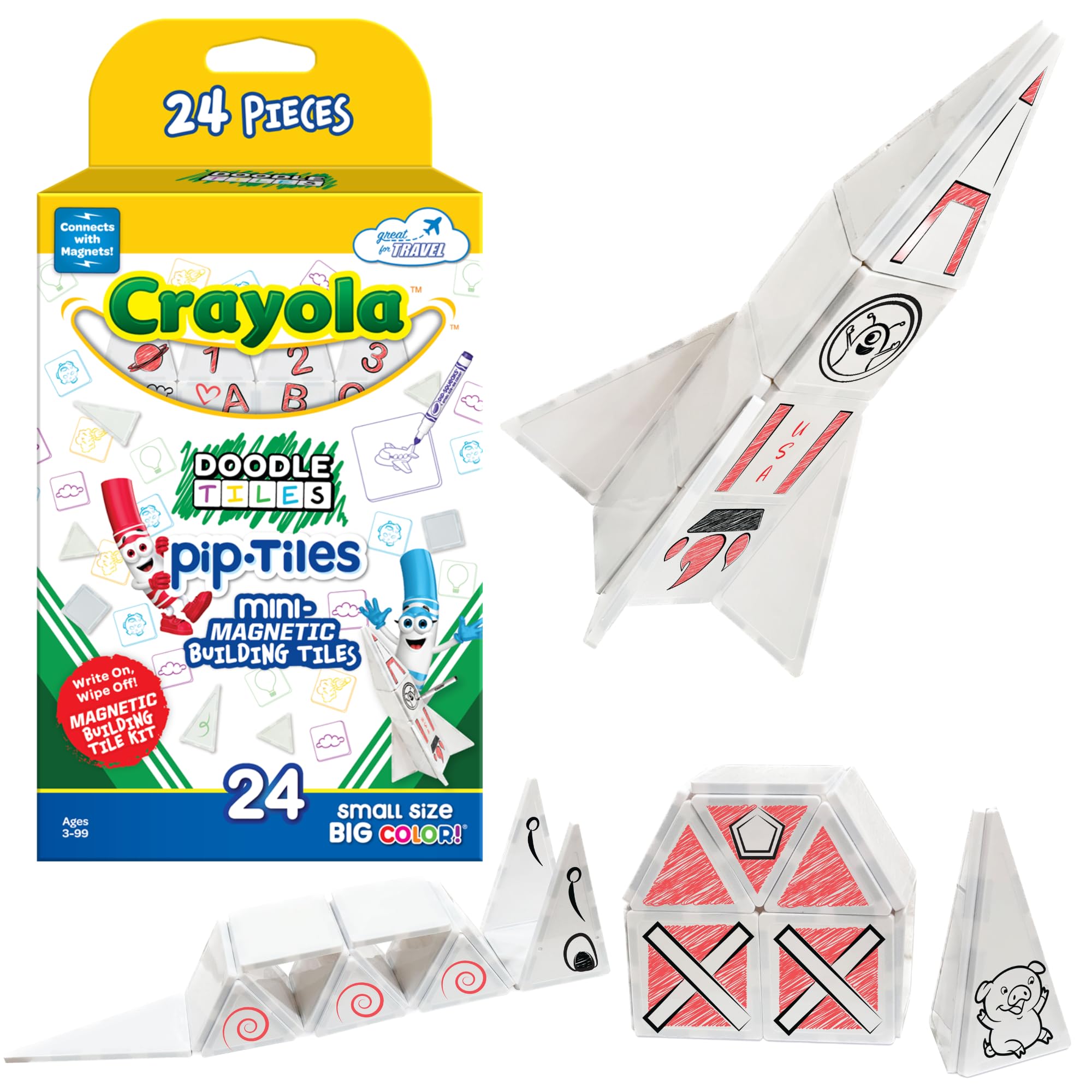 CreateOn Crayola Doodle PIP Magnetic Tiles, Mini Building Set for Kids, Magnetic Tiles, Kids’ Building Toys, STEM &amp; Montessori Toys for Boys and Girls Ages 3+, 24-Piece Set (Doodle)
