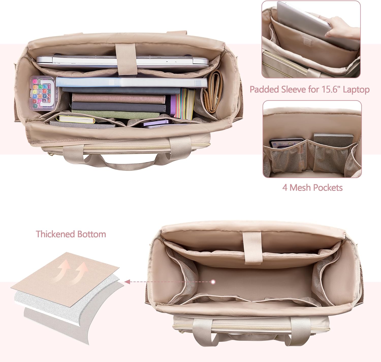 Teacher Tote Bag with Accordion File Organizer Pocket, Large Teacher Work Utility Bag for Women, Light Tan (Patent Design) - Image 3