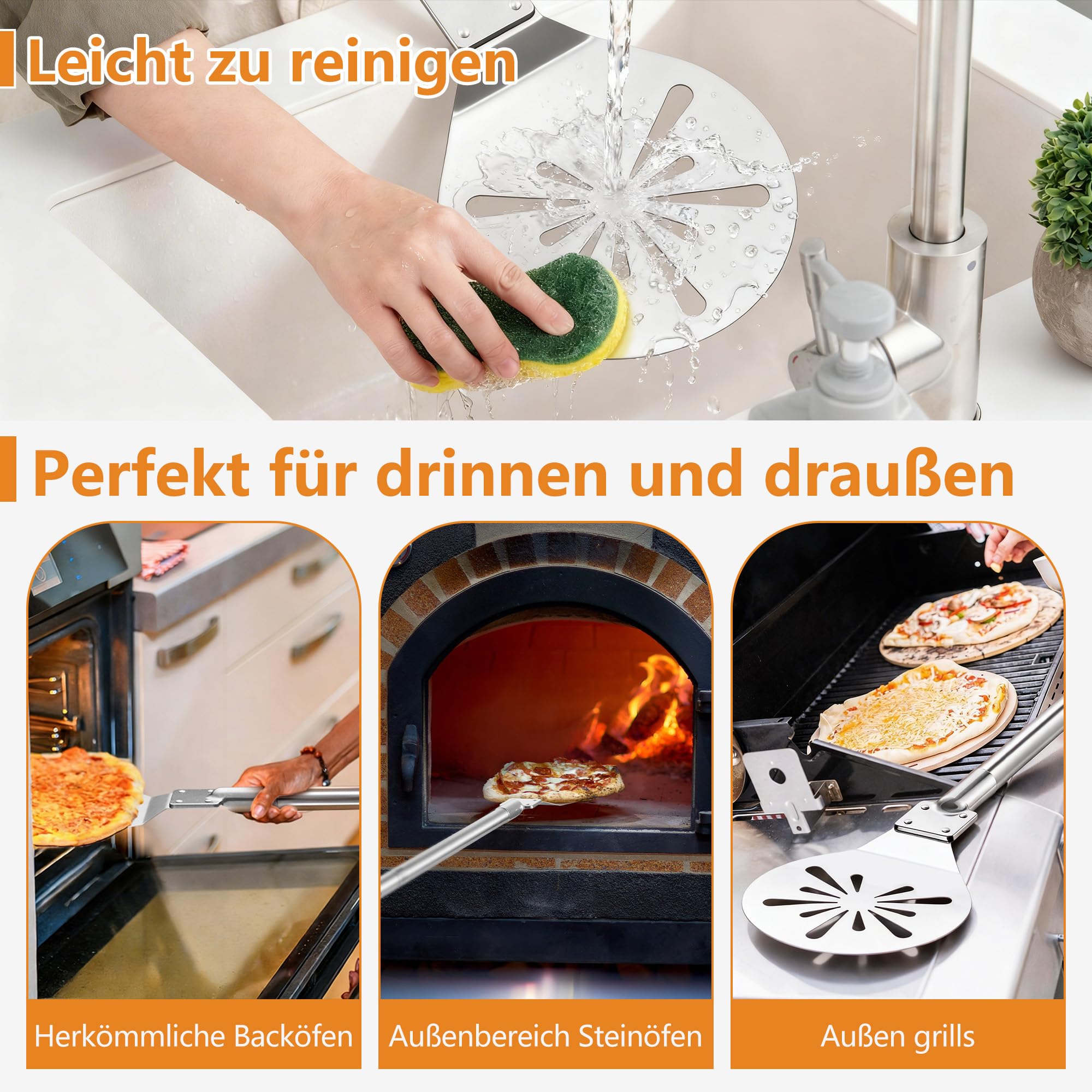 Herogo Pelle à pizza perforée en acier inoxydable de 20,3 x 22,3 x 118 cm avec longue poignée en métal amovible pour glisser facilement, facile à nettoyer et à stocker, 20,3 x 22,3 x 118 cm
