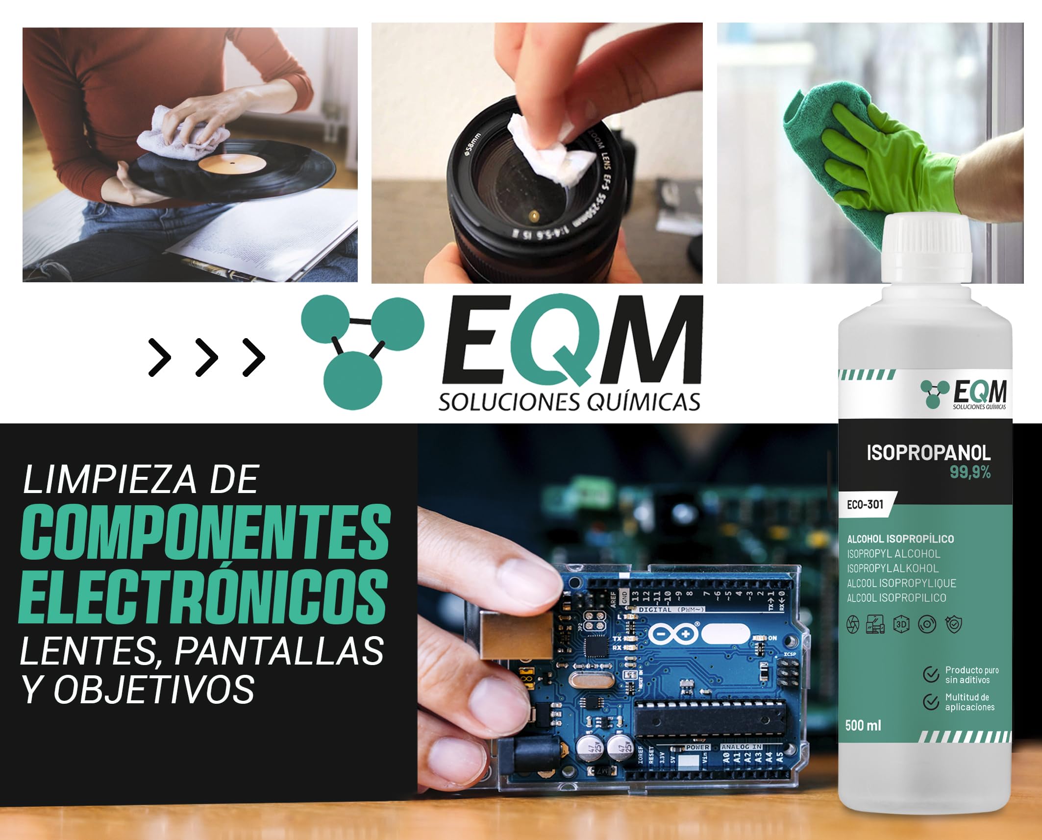 EQM - ECO-301 - Alcohol Isopropílico 99,9% - 500 ML - Isopropanol - Limpieza componentes electrónicos, objetivos y pantallas - Limpieza de resinas en impresión 3D - Limpiacristales y desengrasante