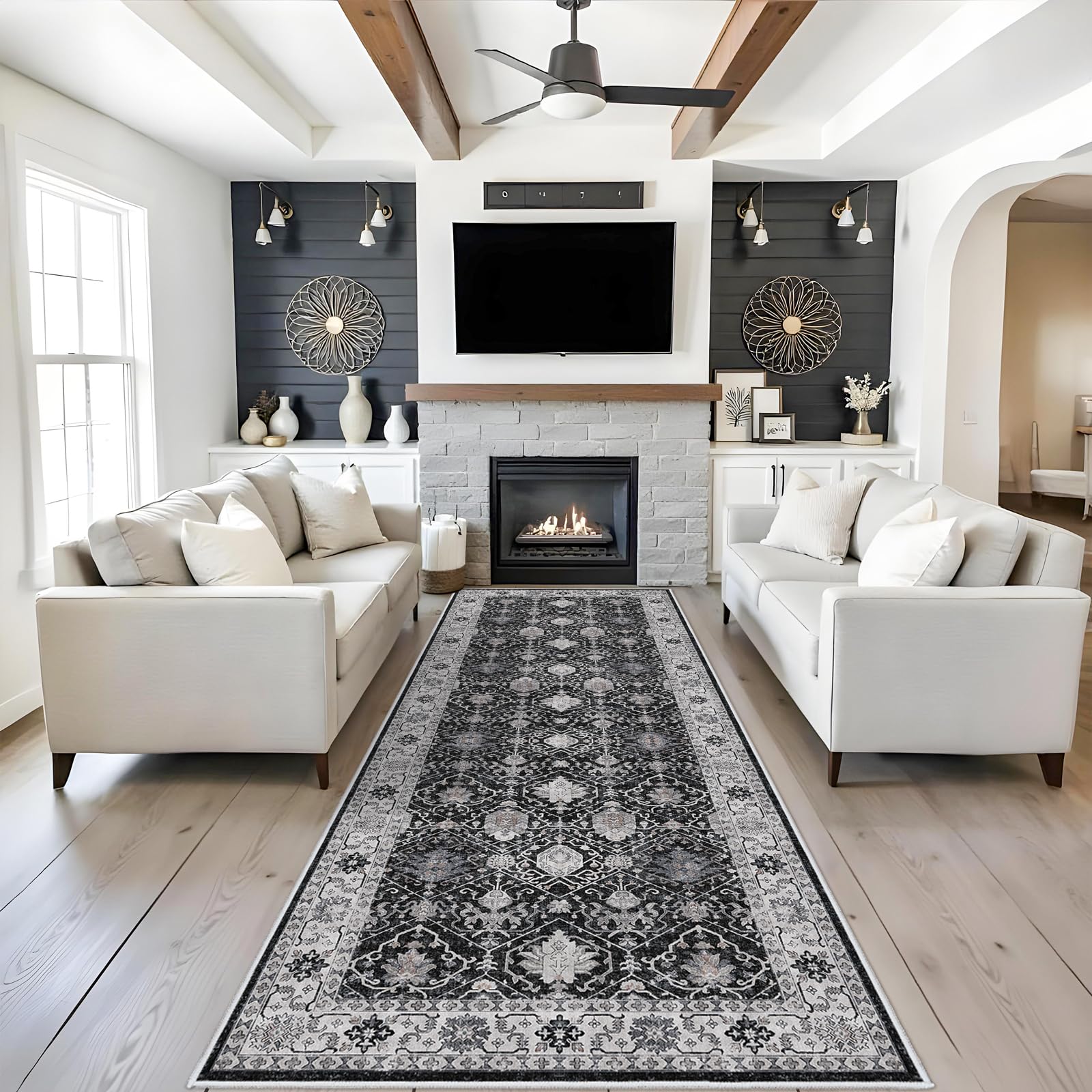 4x10 Washable Hallway Runner Rug: Oriental 10ft Extra Wide Ultra Soft Runners for Living Room Bedroom Stain Resistant Low Pile Carpet for Entryway Ktichen Thin Non Slip Bathroom Floor Mat(Black,4x10)