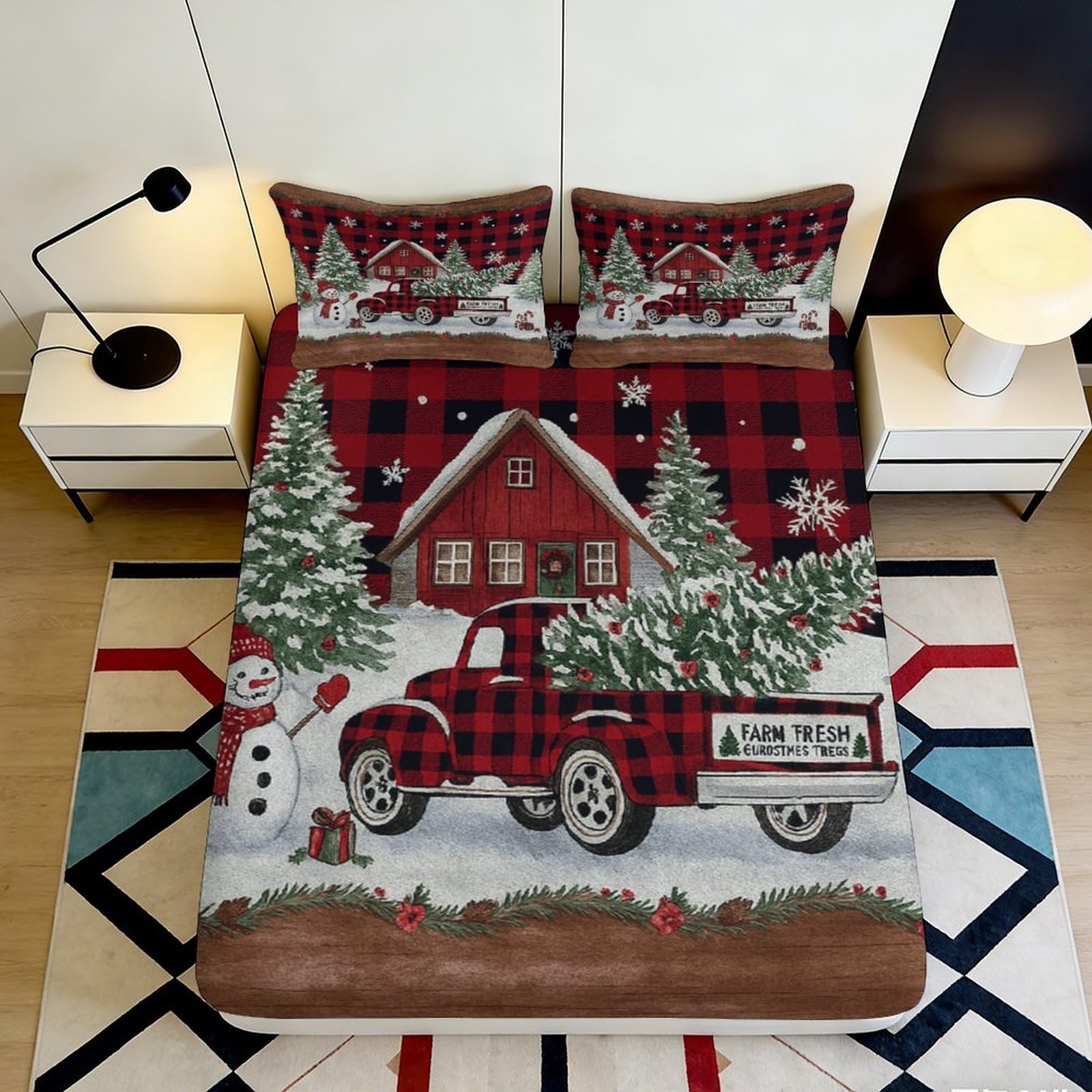 3D Printed Christmas Truck Fitted Sheet Microfiber Soft Breathable Snowman Bed Cover for Bedroom Dormitory Guest Room Protection Decor 140x200x25cm