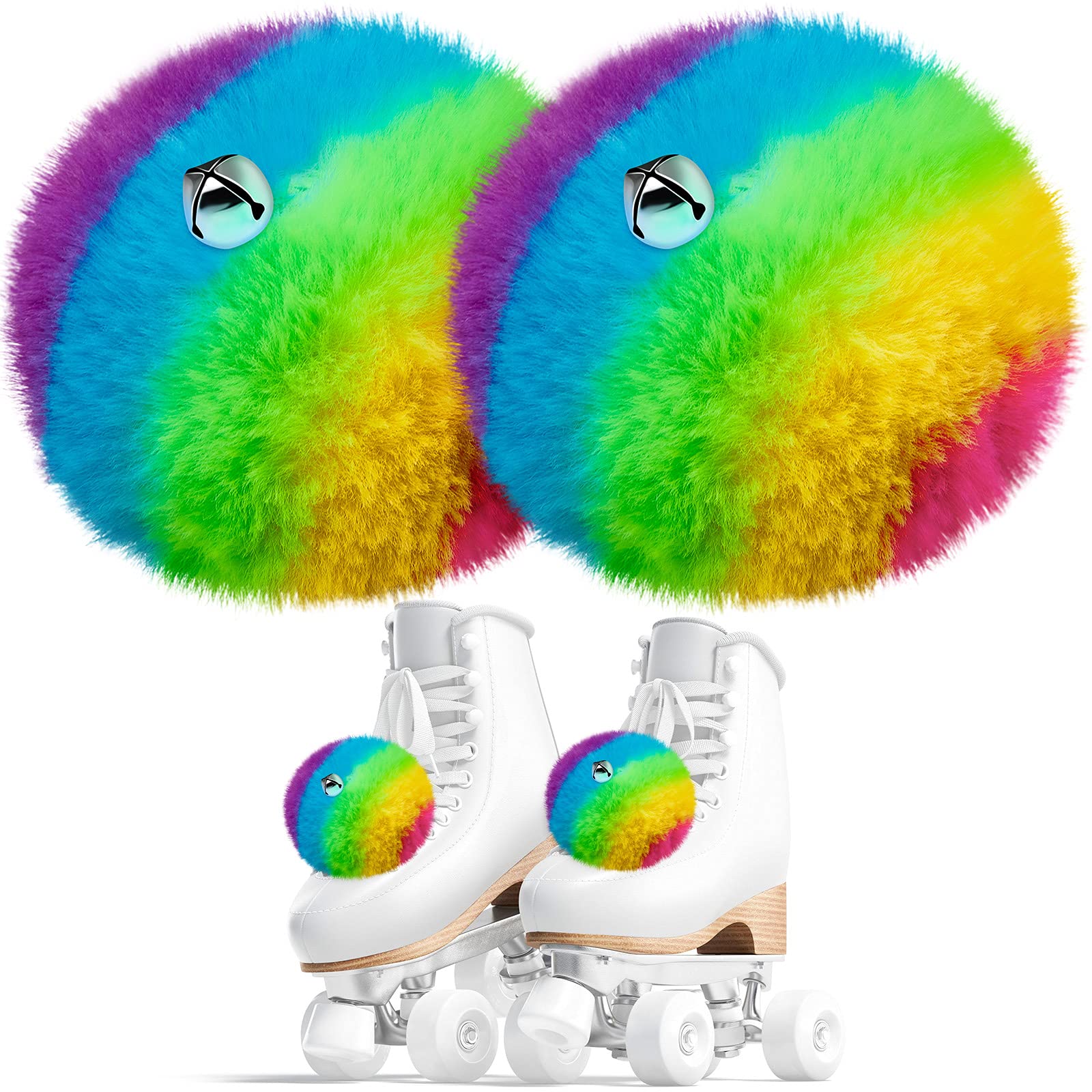 Sumind 2 Pieces Roller Skate Pom Poms with Bells for Women Girls Princess Fluffy Tie on Fuzzy Pompom Puff Balls for Quad Roller Skate Accessories(8 cm,Rainbow)