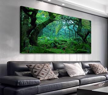 Green Forest Canvas Wall Art Big Trees Mossy Rock Nature Prints, 24"x48"