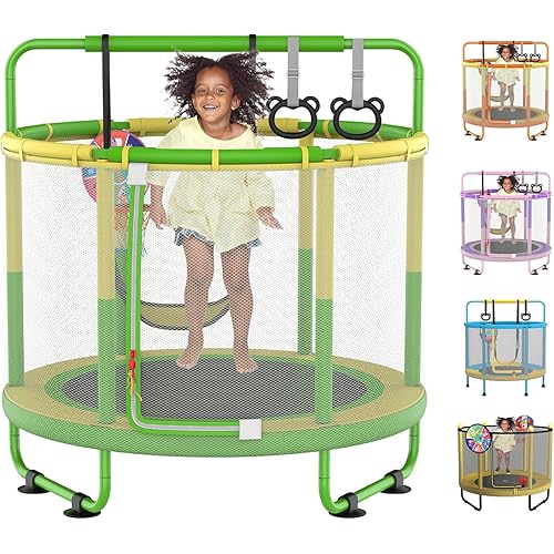 60" Trampoline for Kids, 5ft Toddler Mini 6-in-1 Trampoline Indoor Outdoor with Swing, Basketball Hoop, Dart Board, Rings, Christmas Toys Birthday Gifts for Girls Boys