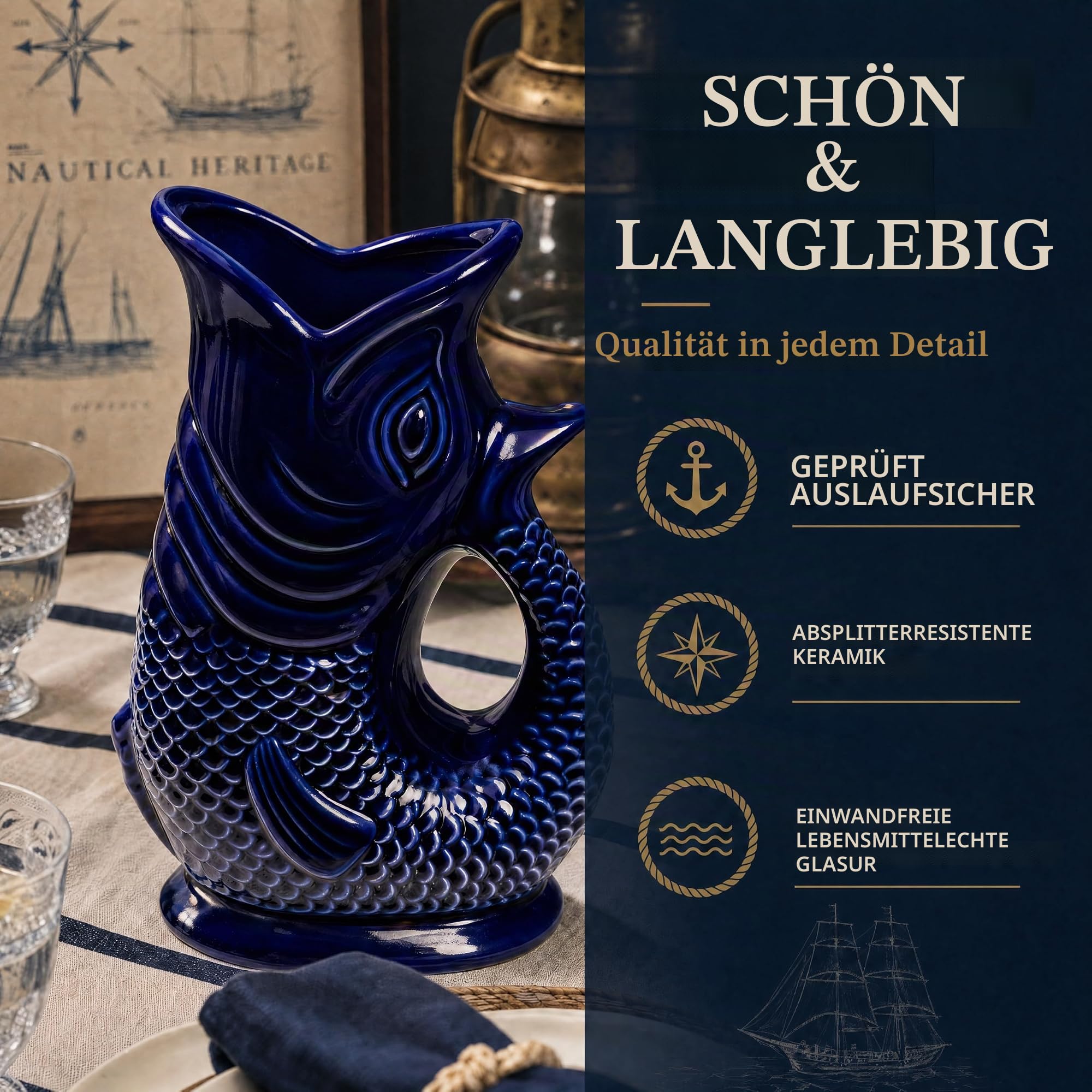 Wasserkaraffe Borosilikatglas in Fischform - 1,5 L - Fisch Karaffe mit Gluckergeräusche für lustiges ausgießen von Wasser, Wein & mehr - Karaffe Fisch – Fischkrug